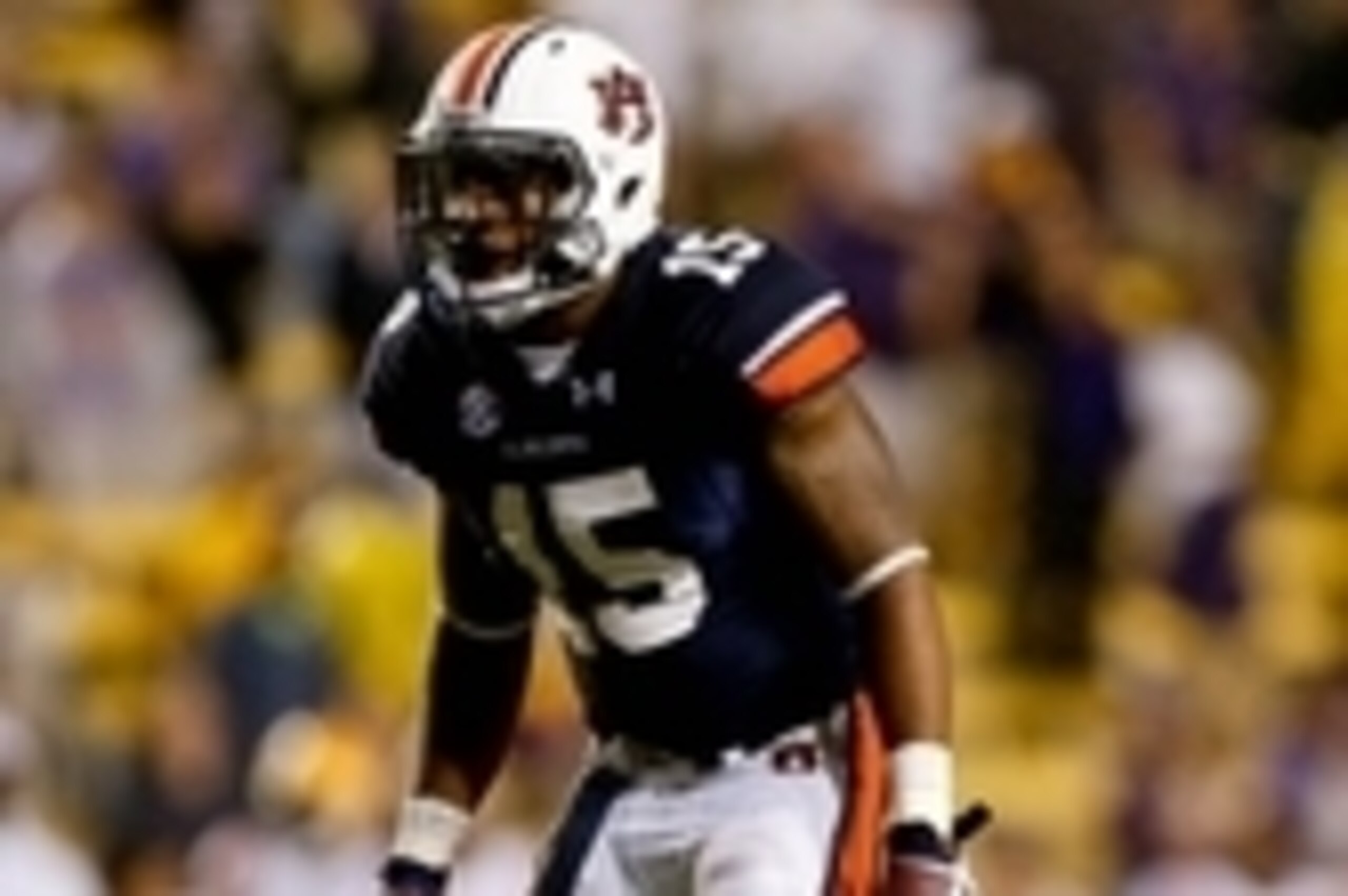 Sep 21, 2013; Baton Rouge, LA, USA; Auburn Tigers defensive back Joshua Holsey (15) against the LSU Tigers during the second half of a game at Tiger Stadium. LSU defeated Auburn 35-21. Mandatory Credit: Derick E. Hingle-USA TODAY Sports