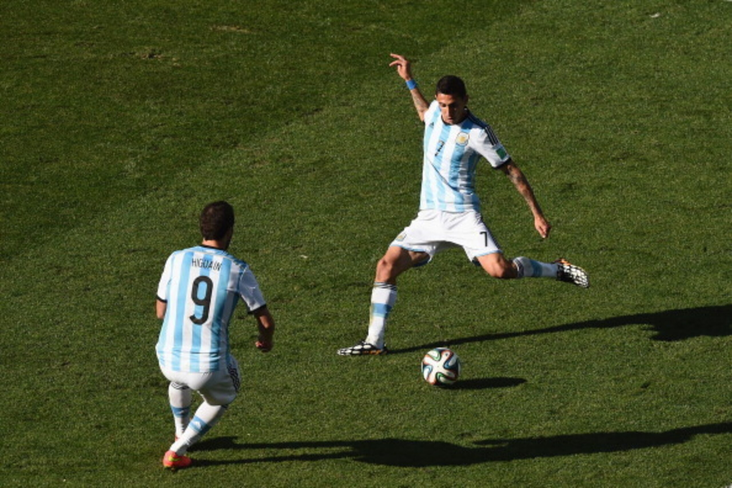SAO PAULO, BRAZIL - JULY 01: Angel di Maria of Argentina scores his team's first goal in extra time during the 2014 FIFA World Cup Brazil Round of 16 match between Argentina and Switzerland at Arena de Sao Paulo on July 1, 2014 in Sao Paulo, Brazil.  (Pho