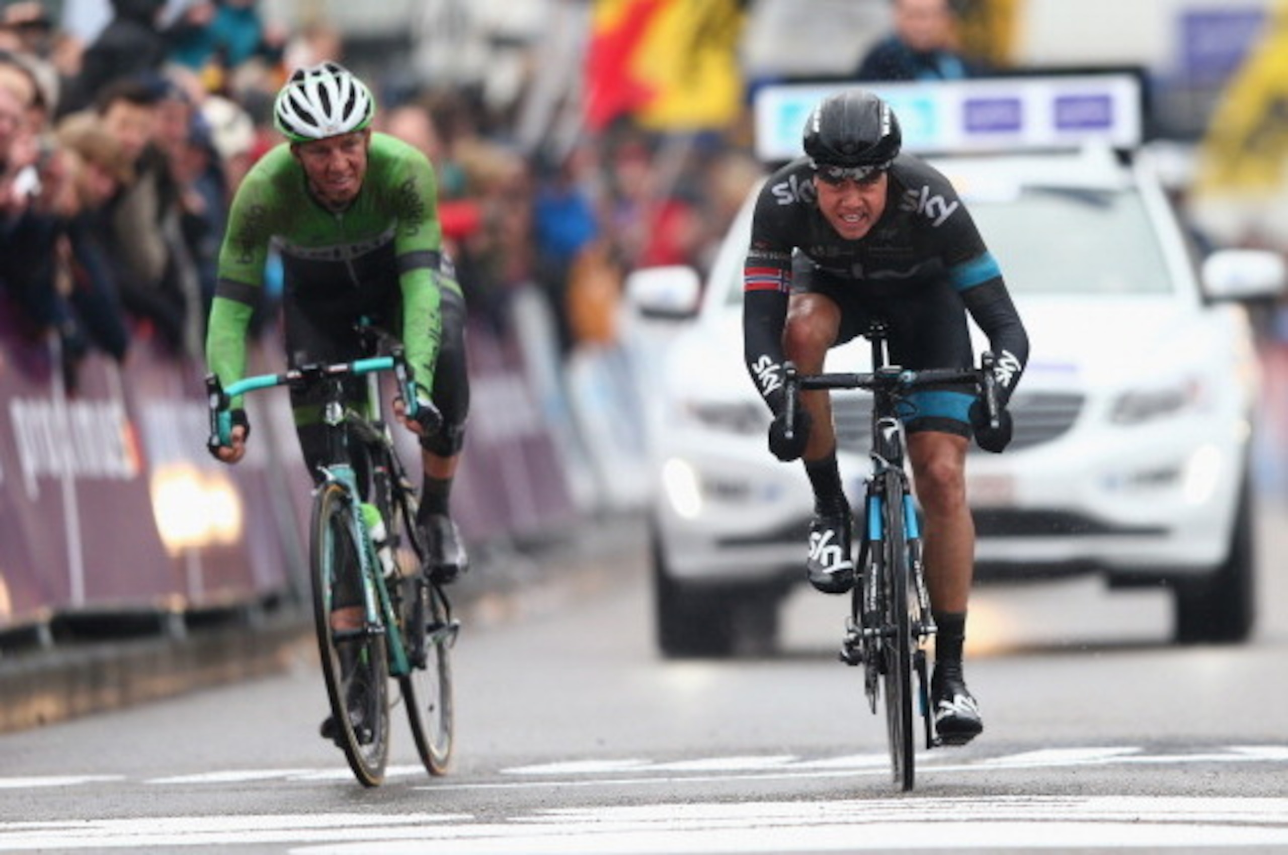 GHENT, BELGIUM - MARCH 01:  Edvald Boasson Hagen (R) of Norway and Team Sky takes third place ahead of Sep Vanmarcke (L) of Belkin Pro Cycling Team during the Omloop Het Nieuwsblad on March 1, 2014 in Ghent, Belgium.  (Photo by Michael Steele - Velo/Getty