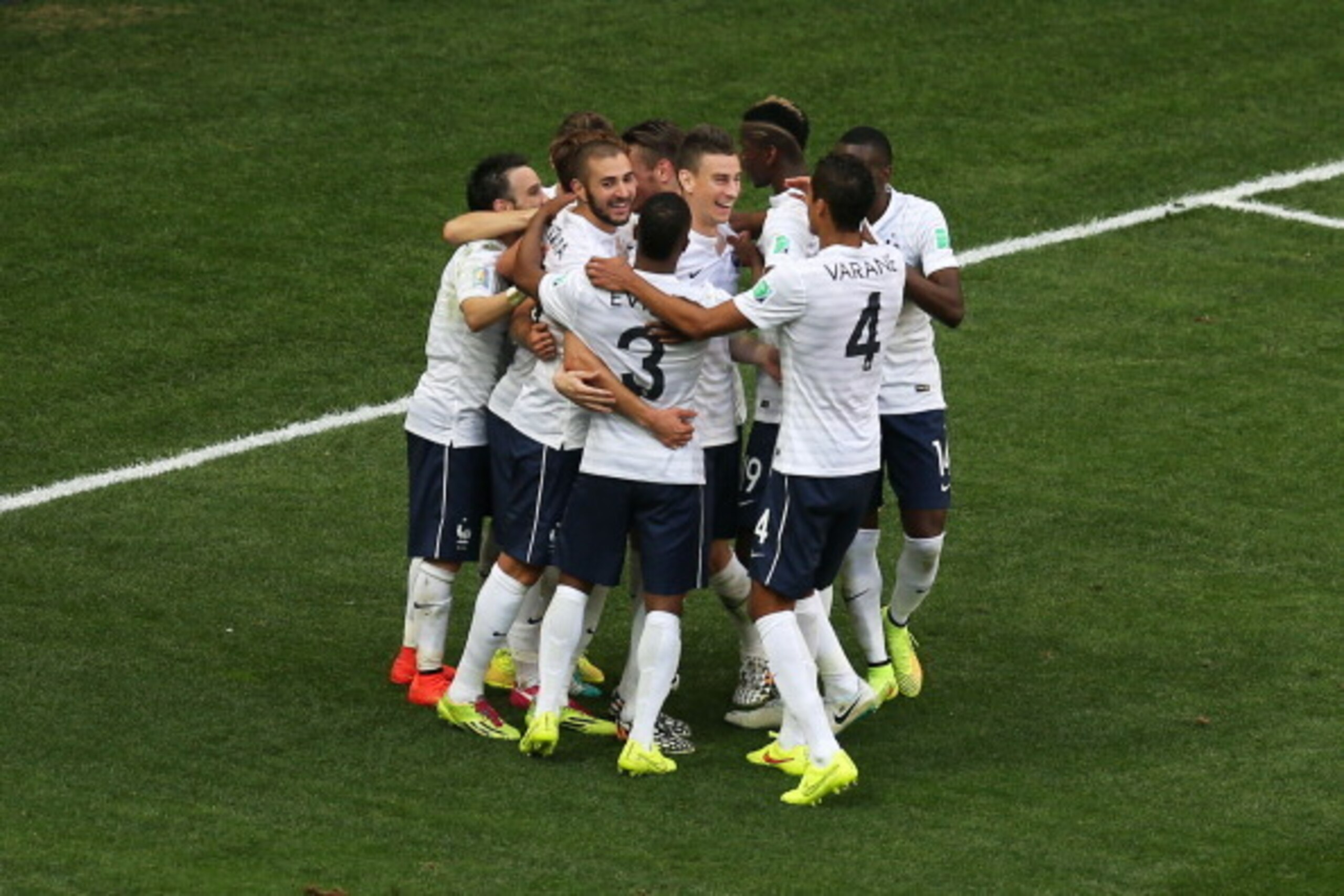 BRASILIA, BRAZIL - JUNE 30:  France celebrate their second goal on an own goal by Joseph Yobo of Nigeria (not pictured) during the 2014 FIFA World Cup Brazil Round of 16 match between France and Nigeria at Estadio Nacional on June 30, 2014 in Brasilia, Br