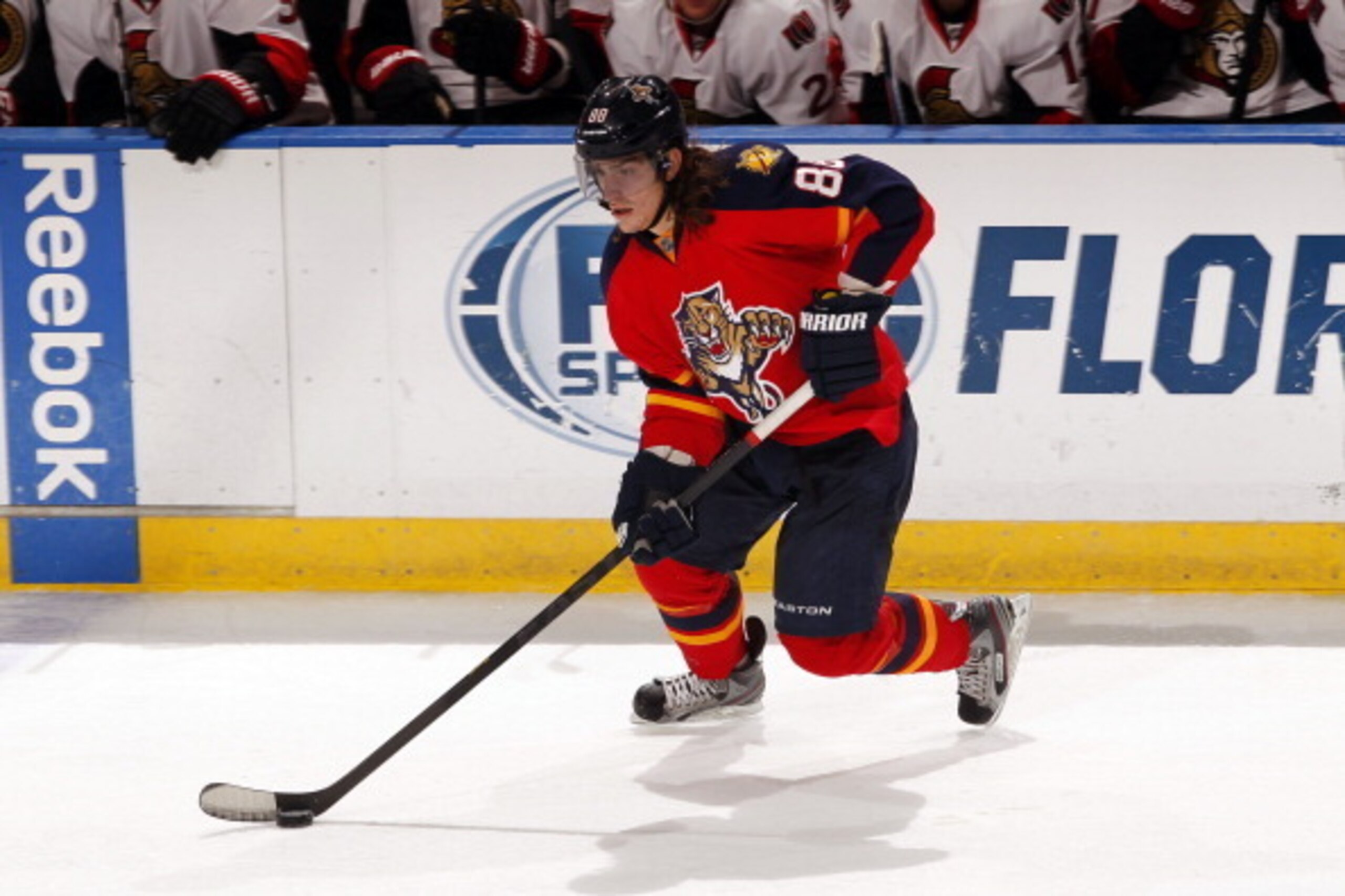 SUNRISE, FL - APRIL 7: Peter Mueller #88 of the Florida Panthers skates with the puck against the Ottawa Senators at the BB&T Center on April 7, 2013 in Sunrise, Florida. (Photo by Eliot J. Schechter/NHLI via Getty Images)