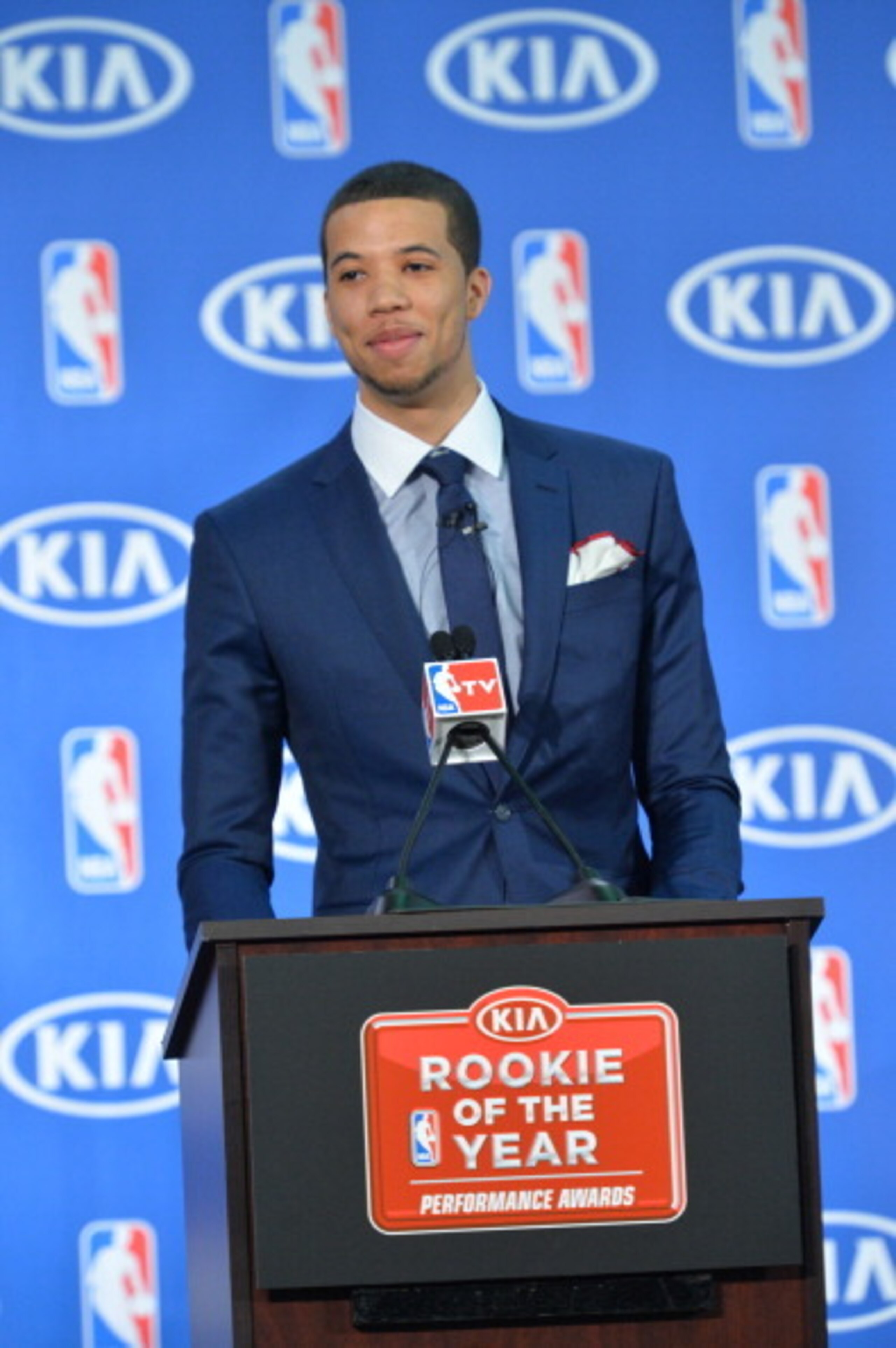 PHILADELPHIA, PA - MAY 5: Michael Carter-Williams of the Philadelphia 76ers speaks to the media for being named the 2013-14 Kia NBA Rookie of the Year at the Philadelphia College of Osteopathic Medicine on May 5, 2014 in Philadelphia, Pennsylvania. NOTE T