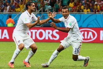 SALVADOR, BRAZIL - JULY 01: Julian Green of the United States (R) celebrates scoring his team's first goal in extra time with Chris Wondolowski during the 2014 FIFA World Cup Brazil Round of 16 match between Belgium and the United States at Arena Fonte No
