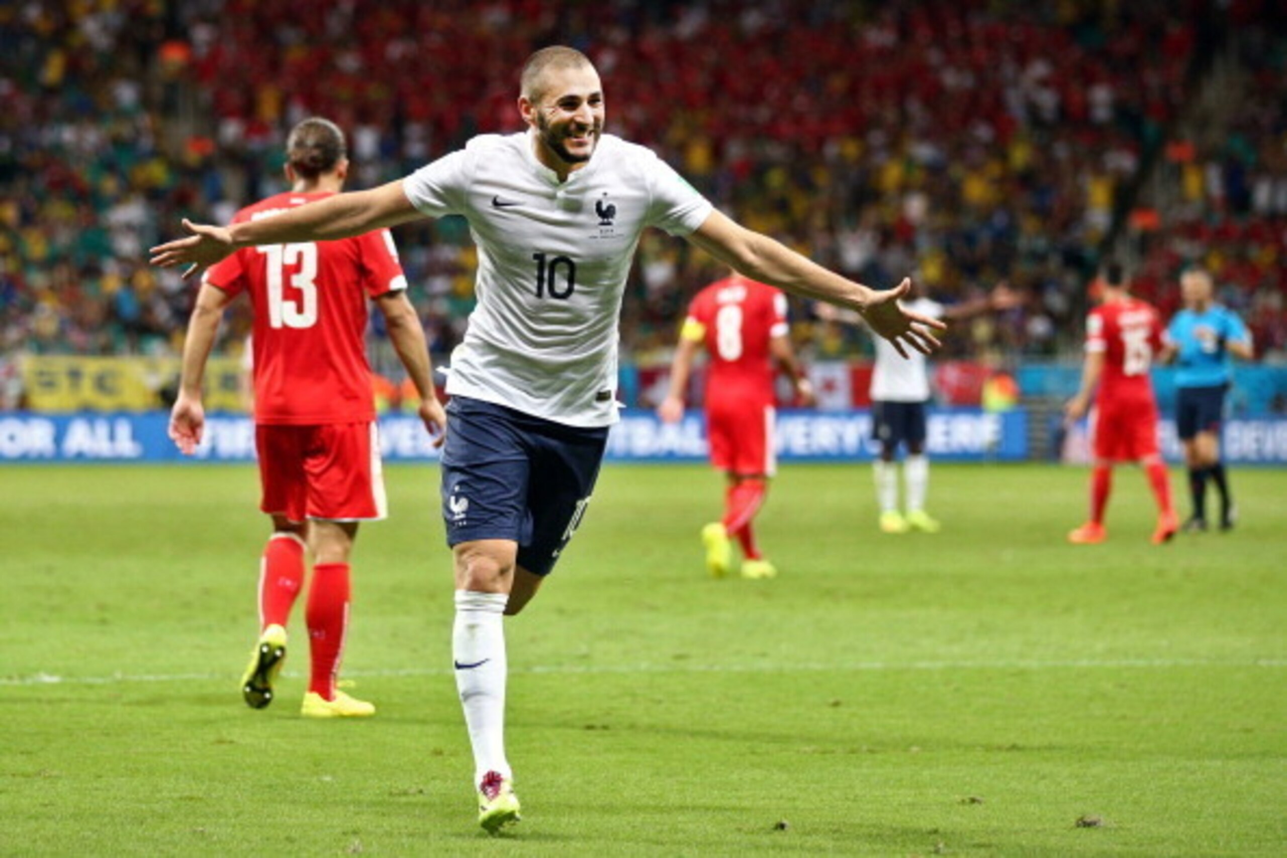 SALVADOR, BRAZIL - JUNE 20:  Karim Benzema of France celebrates a goal that came after the referee had blown full time during the 2014 FIFA World Cup Brazil Group E match between Switzerland and France at Arena Fonte Nova on June 20, 2014 in Salvador, Bra