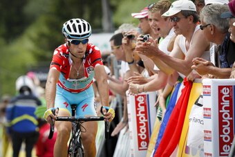 PAYS D'OLLIERGUES, FRANCE - JUNE 09:  Vincenzo Nibali of Italy and Team Astana crosses the finish line of the second stage of the Criterium du Dauphine, on June 9, 2014 between Tarare and Pays d'Olliergues - Col du Beal, France.  (Photo by Kristof Van Acc