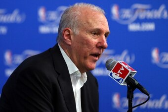 SAN ANTONIO, TX - JUNE 15:  Gregg Popovich of the San Antonio Spurs speaks to the media after defeating the Miami Heat in Game Five of the 2014 NBA Finals 104-87 at the AT&T Center on June 15, 2014 in San Antonio, Texas. NOTE TO USER: User expressly ackno