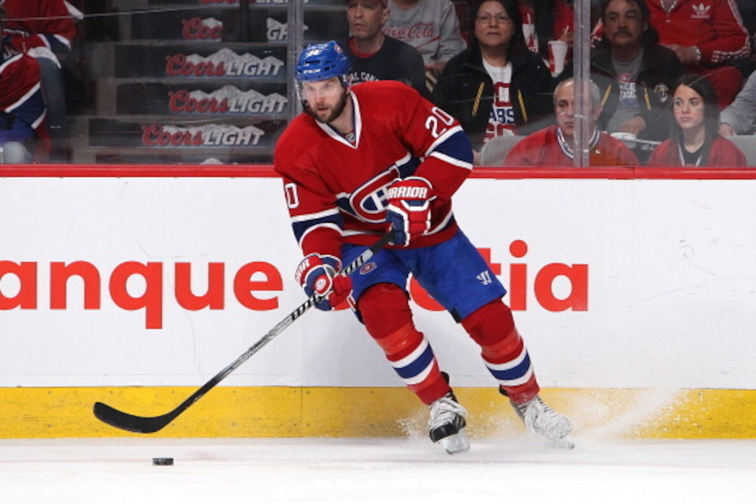 MONTREAL, QC - MAY 19: Thomas Vanek #20 of the Montreal Canadiens skates with the puck against the New York Rangers in Game Two of the Eastern Conference Finals of the 2014 NHL Stanley Cup Playoffs at the Bell Centre on May 19, 2014 in Montreal, Canada. (