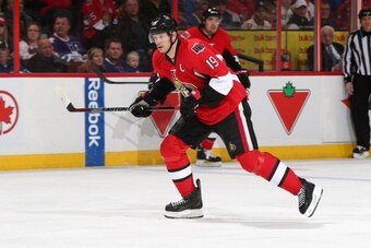 OTTAWA, ON - APRIL 12: Jason Spezza #19 of the Ottawa Senators skates against the Toronto Maple Leafs at Canadian Tire Centre on April 12, 2014 in Ottawa, Ontario, Canada.  (Photo by Andre Ringuette/NHLI via Getty Images)