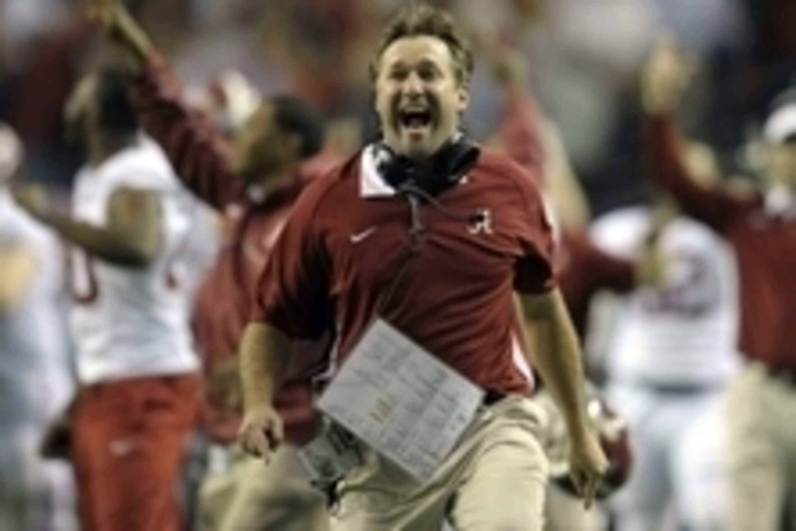 Dec 1, 2012; Atlanta, GA, USA; Alabama Crimson Tide defensive coordinator Kirby Smart celebrates winning the 2012 SEC Championship game against the Georgia Bulldogs at the Georgia Dome. Alabama won 32-28. Mandatory Credit: Paul Abell-USA TODAY Sports
