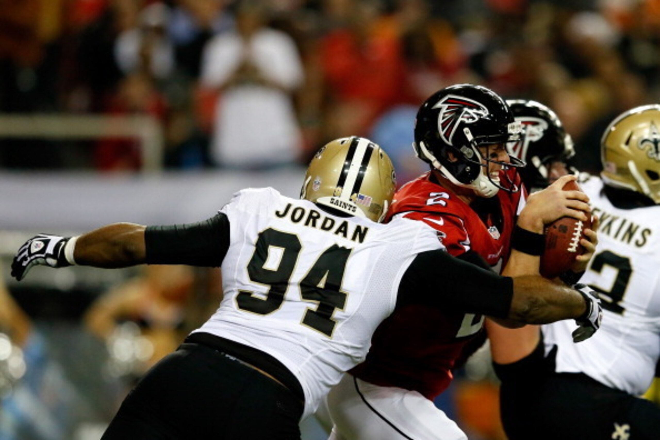 ATLANTA, GA - NOVEMBER 21: Defensive end Cameron Jordan #94 of the New Orleans Saints sacks quarterback Matt Ryan #2 of the Atlanta Falcons during a game at the Georgia Dome on November 21, 2013 in Atlanta, Georgia.  (Photo by Kevin C. Cox/Getty Images)