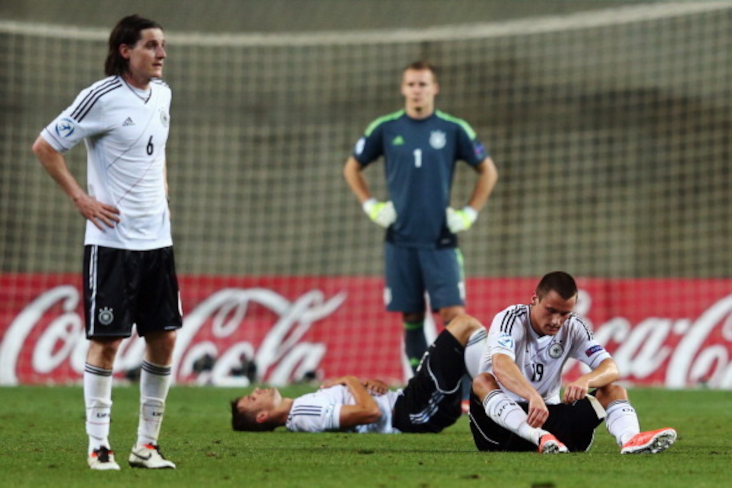 PETAH TIQWA, ISRAEL - JUNE 06: Christian Clemens, Bernd Leno, Oliver Sorg and Sebastian Rudy (R-L) of Germany react after the UEFA European Under 21 Championship match between Netherlands and Germany at Ha Moshava Stadium on June 6, 2013 in Petah Tiqwa, I PETAH TIQWA, ISRAEL - JUNE 06: Christian Clemens, Bernd Leno, Oliver Sorg and Sebastian Rudy (R-L) of Germany react after the UEFA European Under 21 Championship match between Netherlands and Germany at Ha Moshava Stadium on June 6, 2013 in Petah Tiqwa, I