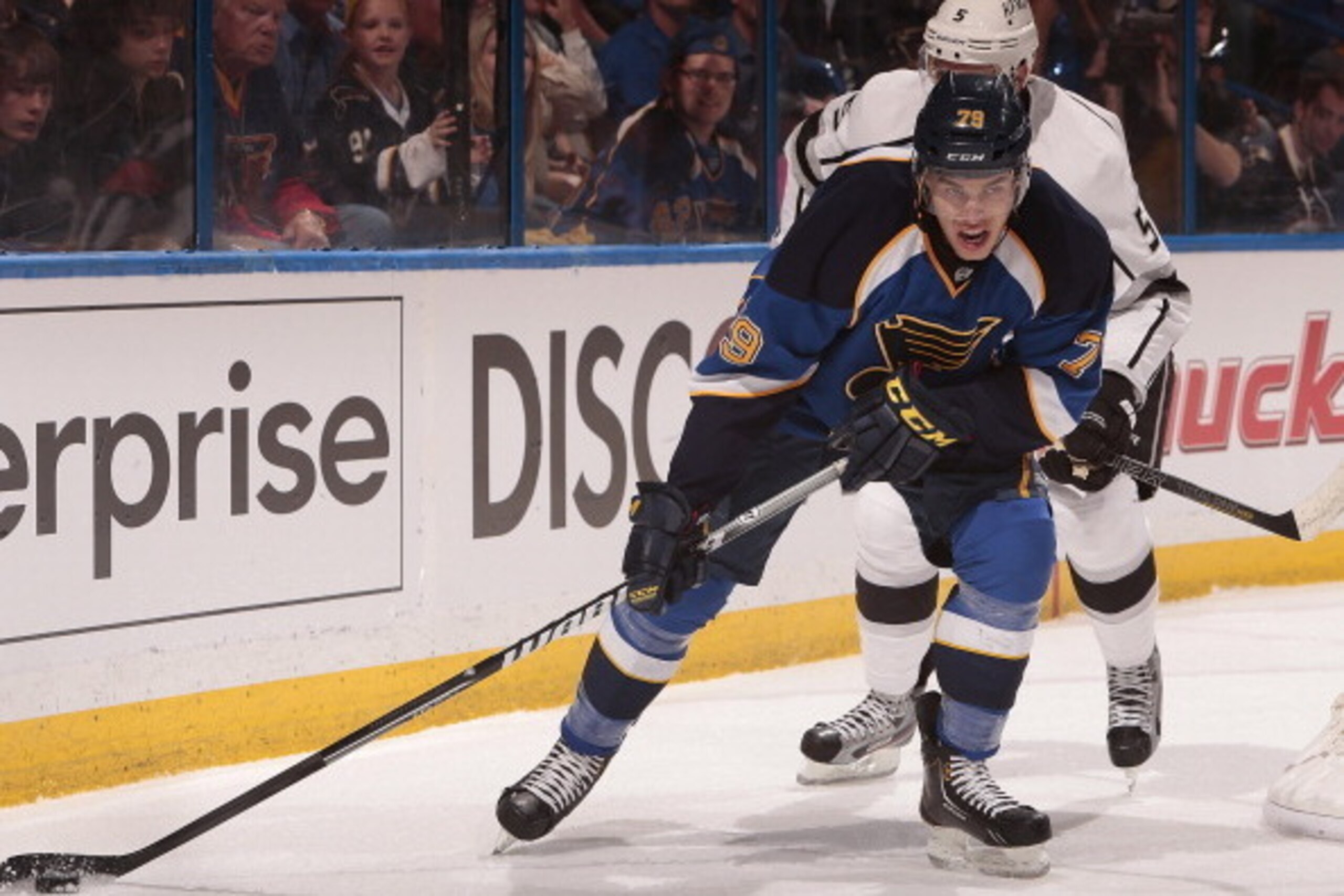 ST. LOUIS, MO - APRIL 30: Adam Cracknell #79 of the St. Louis Blues skates against the Los Angeles Kings in Game One of the Western Conference Quarterfinals during the 2013 NHL Stanley Cup Playoffs on April 30, 2013 at Scottrade Center in St. Louis, Misso