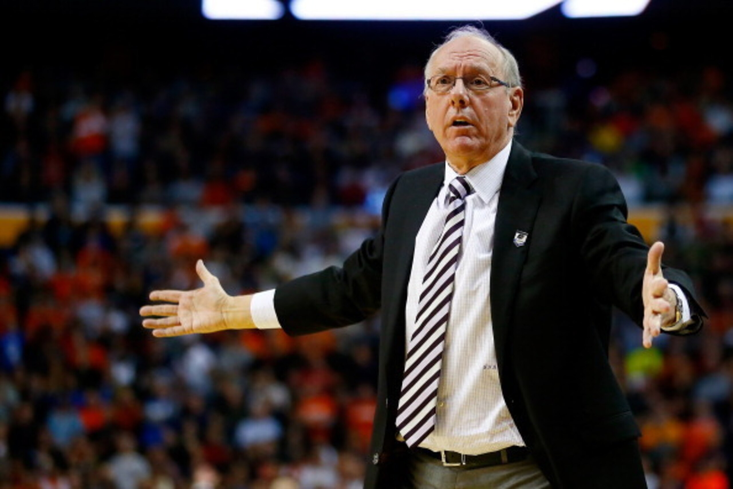 BUFFALO, NY - MARCH 22:  Head coach Jim Boeheim of the Syracuse Orange reacts during the third round of the 2014 NCAA Men's Basketball Tournament against the Dayton Flyers at the First Niagara Center on March 22, 2014 in Buffalo, New York.  (Photo by Jare