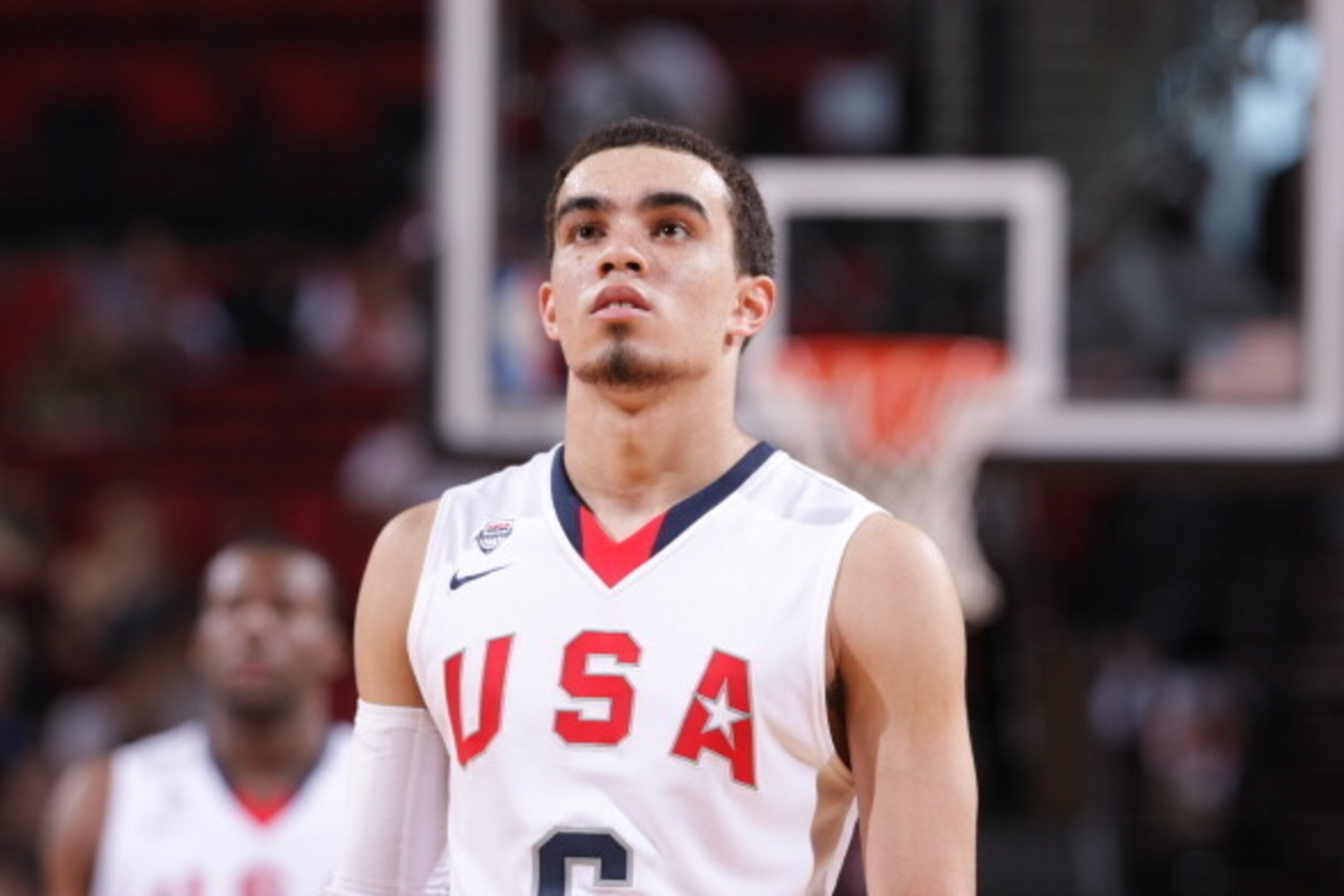 PORTLAND, OR - APRIL 12:  Tyus Jones #6 of Team USA walks up court against the World Team on April 12, 2014 at the Moda Center Arena in Portland, Oregon. NOTE TO USER: User expressly acknowledges and agrees that, by downloading and or using this photograp