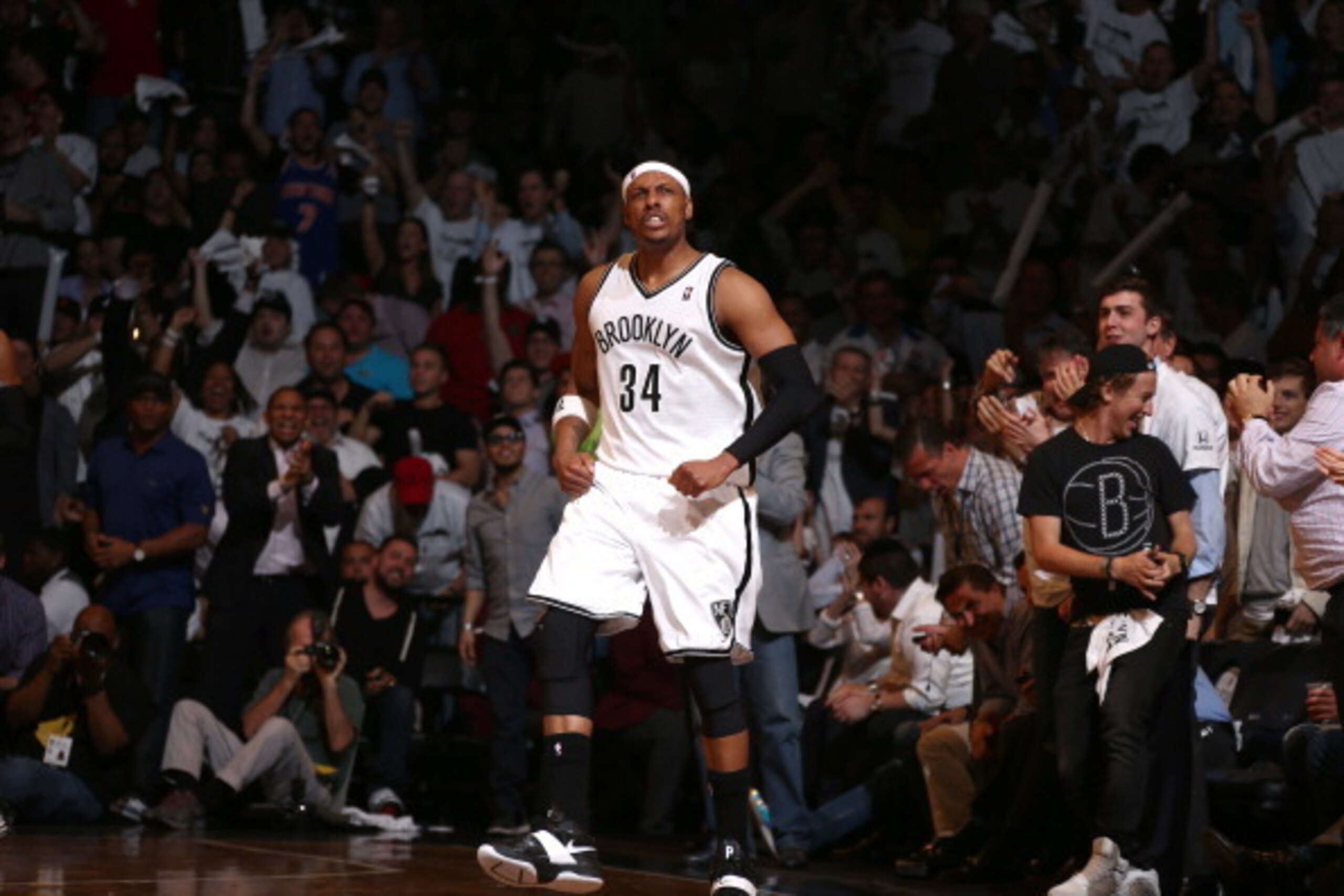 BROOKLYN, NY - MAY 12: Paul Pierce #34 of the Brooklyn Nets celebrates in Game Four of the Eastern Conference Semifinals against the Miami Heat during the 2014 NBA Playoffs on May 12, 2014 at Barclays Center in Brooklyn. NOTE TO USER: User expressly ackno