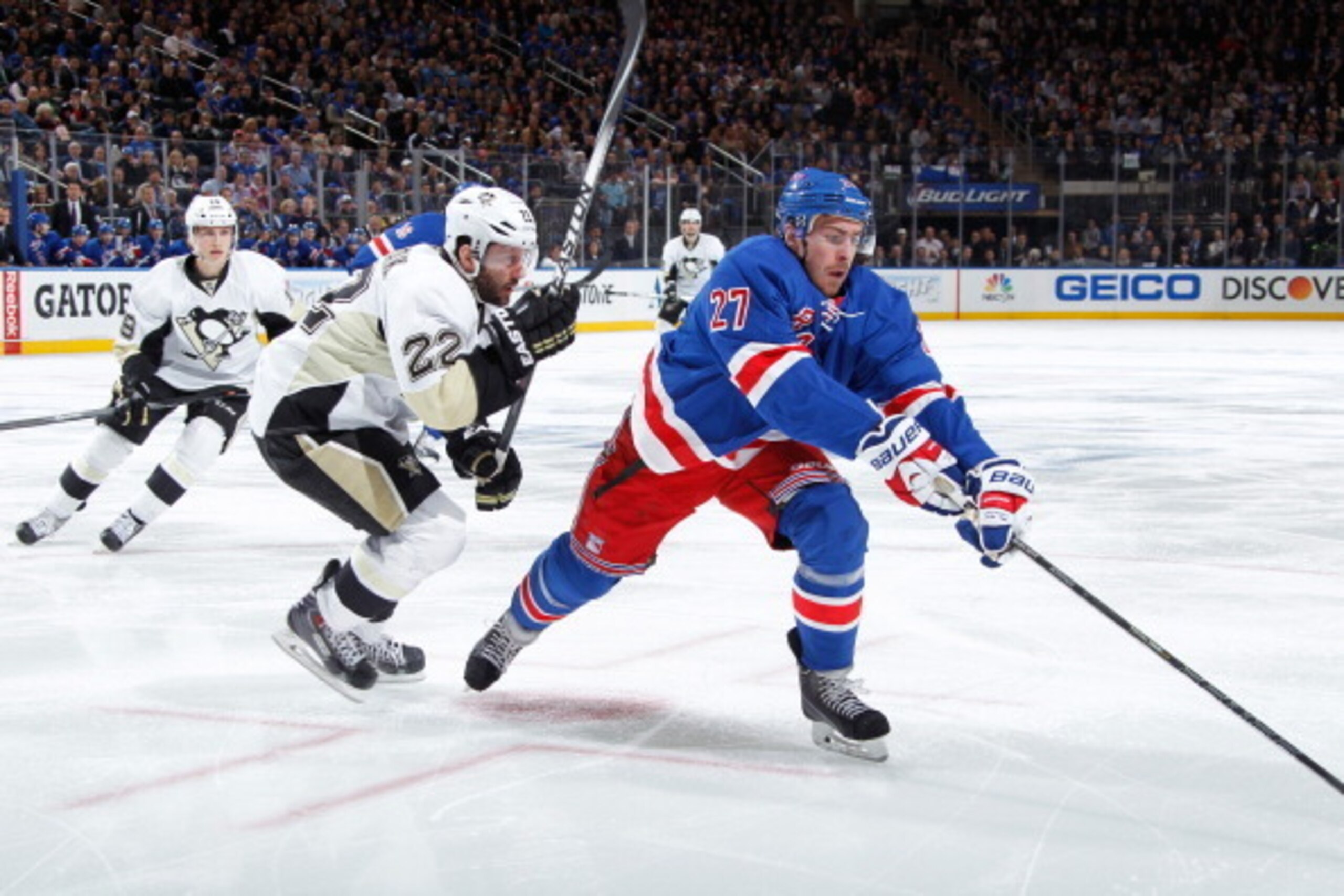 NEW YORK, NY - MAY 05:  Ryan McDonagh #27 of the New York Rangers skates against Lee Stempniak #22 of the Pittsburgh Penguins in Game Three of the Second Round of the 2014 Stanley Cup Playoffs at Madison Square Garden on May 05, 2014 in New York City. (Ph