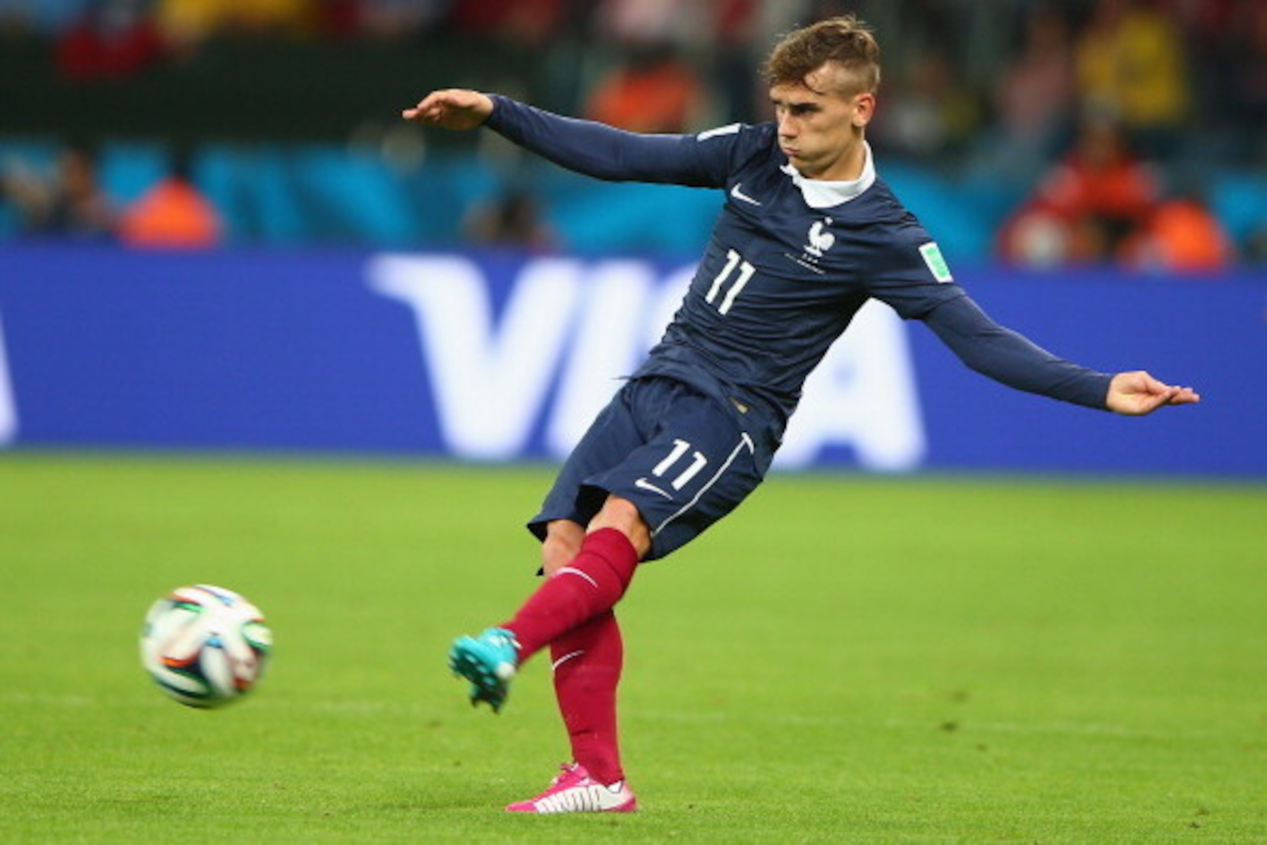 PORTO ALEGRE, BRAZIL - JUNE 15:  Antoine Griezmann of France kicks the ball during the 2014 FIFA World Cup Brazil Group E match between France and Honduras at Estadio Beira-Rio on June 15, 2014 in Porto Alegre, Brazil.  (Photo by Ian Walton/Getty Images)