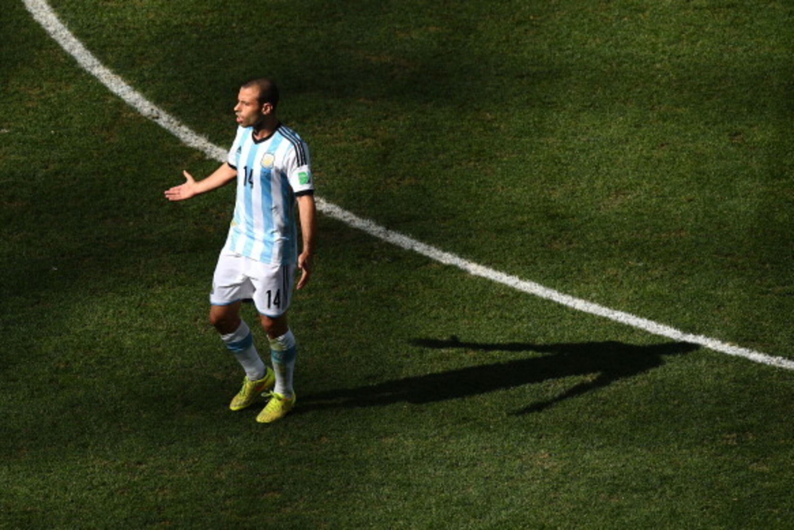 SAO PAULO, BRAZIL - JULY 01: Javier Mascherano of Argentina reacts during the 2014 FIFA World Cup Brazil Round of 16 match between Argentina and Switzerland at Arena de Sao Paulo on July 1, 2014 in Sao Paulo, Brazil.  (Photo by Matthias Hangst/Getty Image