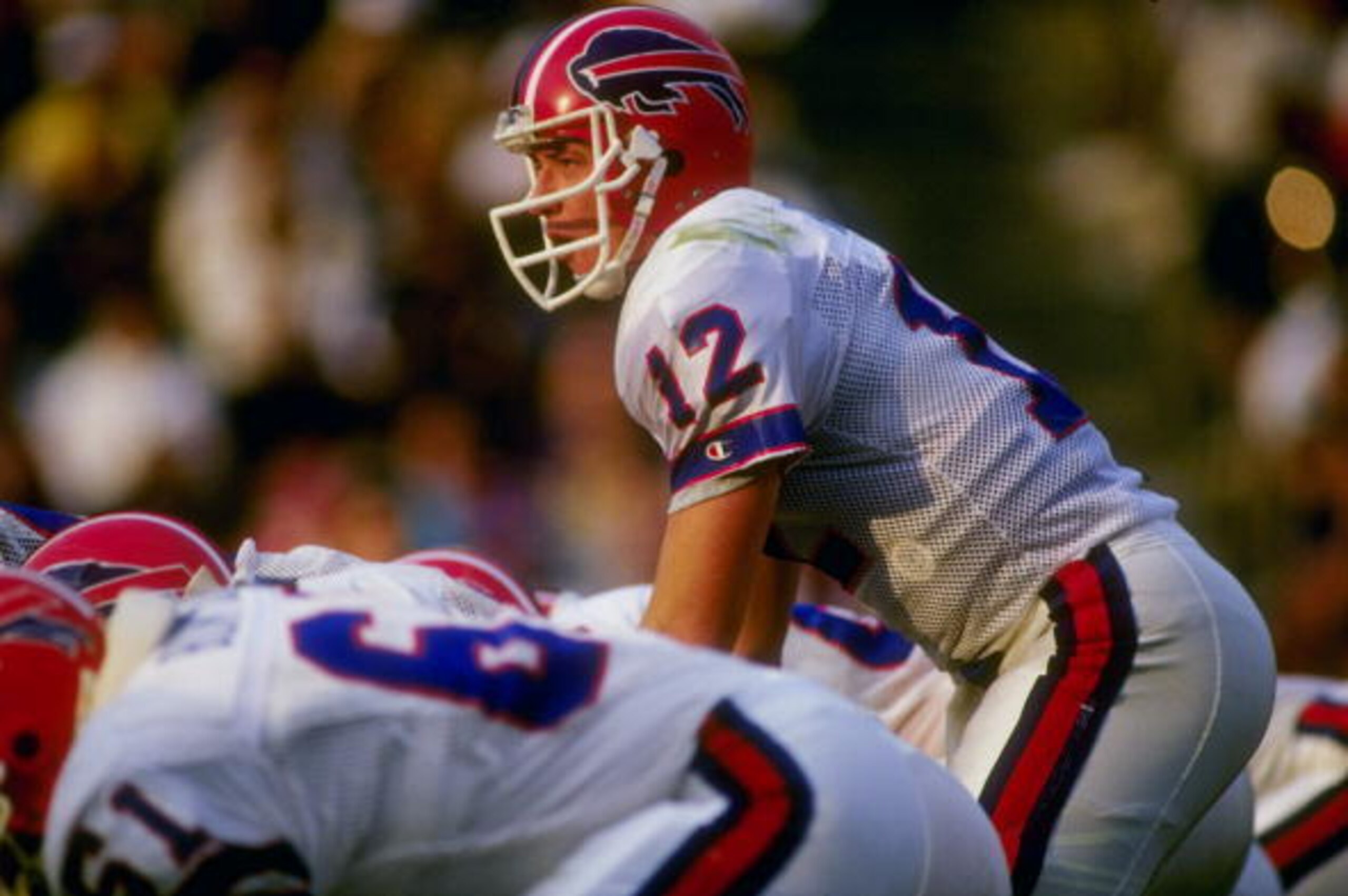 Quarterback Jim Kelly of the Buffalo Bills calls signals at the line during a game against the Los Angeles Raiders at the Los Angeles Memorial Coliseum in Los Angeles, California. The Raiders won the game 34-21.