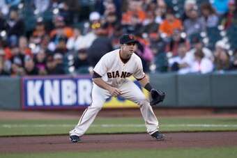 SAN FRANCISCO, CA - JUNE 26:  Adam Duvall #37 of the San Francisco Giants makes his Major League Baseball debut at first base against the Cincinnati Reds during the first inning at AT&T Park on June 26, 2014 in San Francisco, California.  (Photo by Jason 