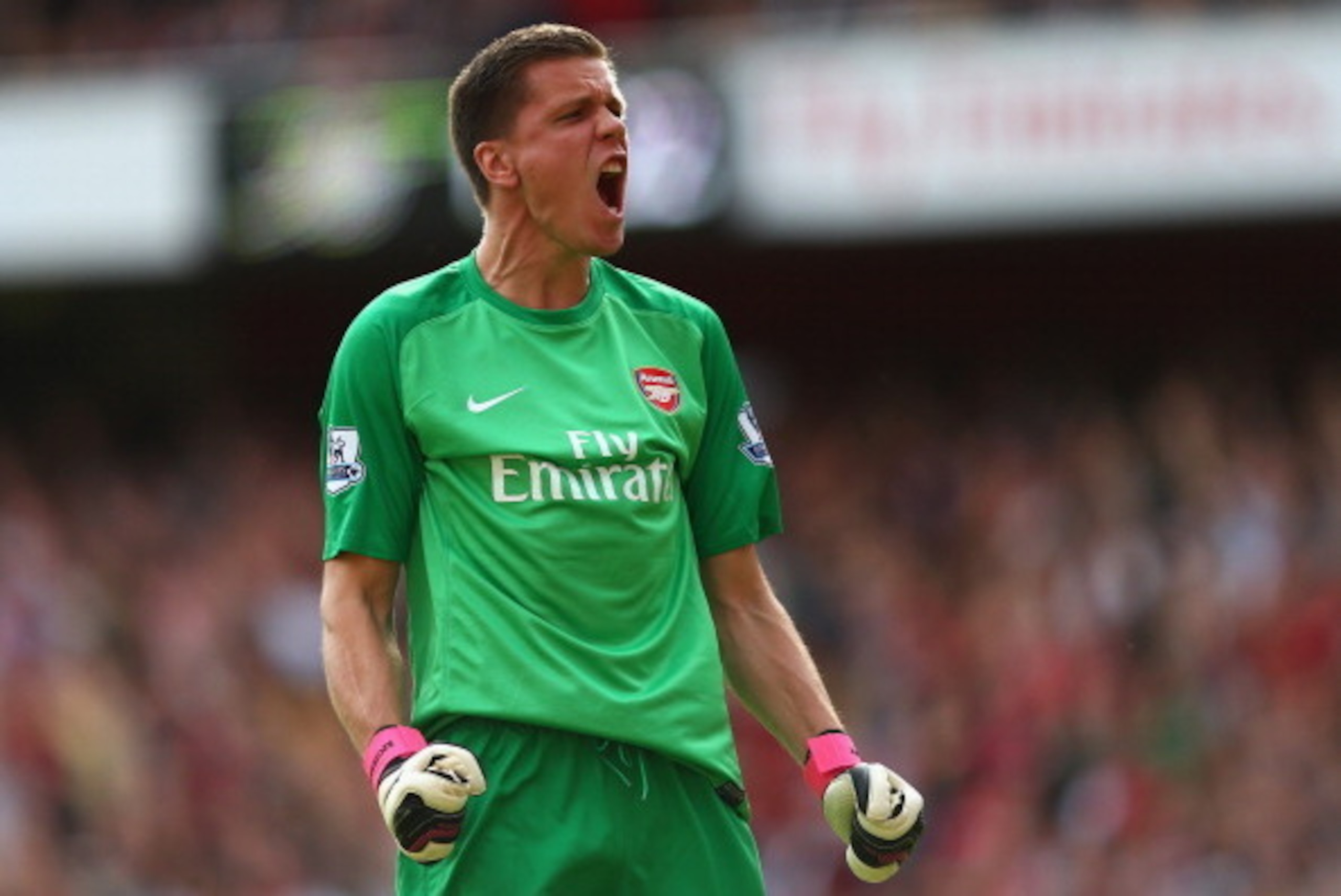 LONDON, ENGLAND - SEPTEMBER 01:  Wojciech Szczesny of Arsenal celebrates after Olivier Giroud of Arsenal (not pictured) scores their first goal during the Barclays Premier League match between Arsenal and Tottenham Hotspur at Emirates Stadium on September