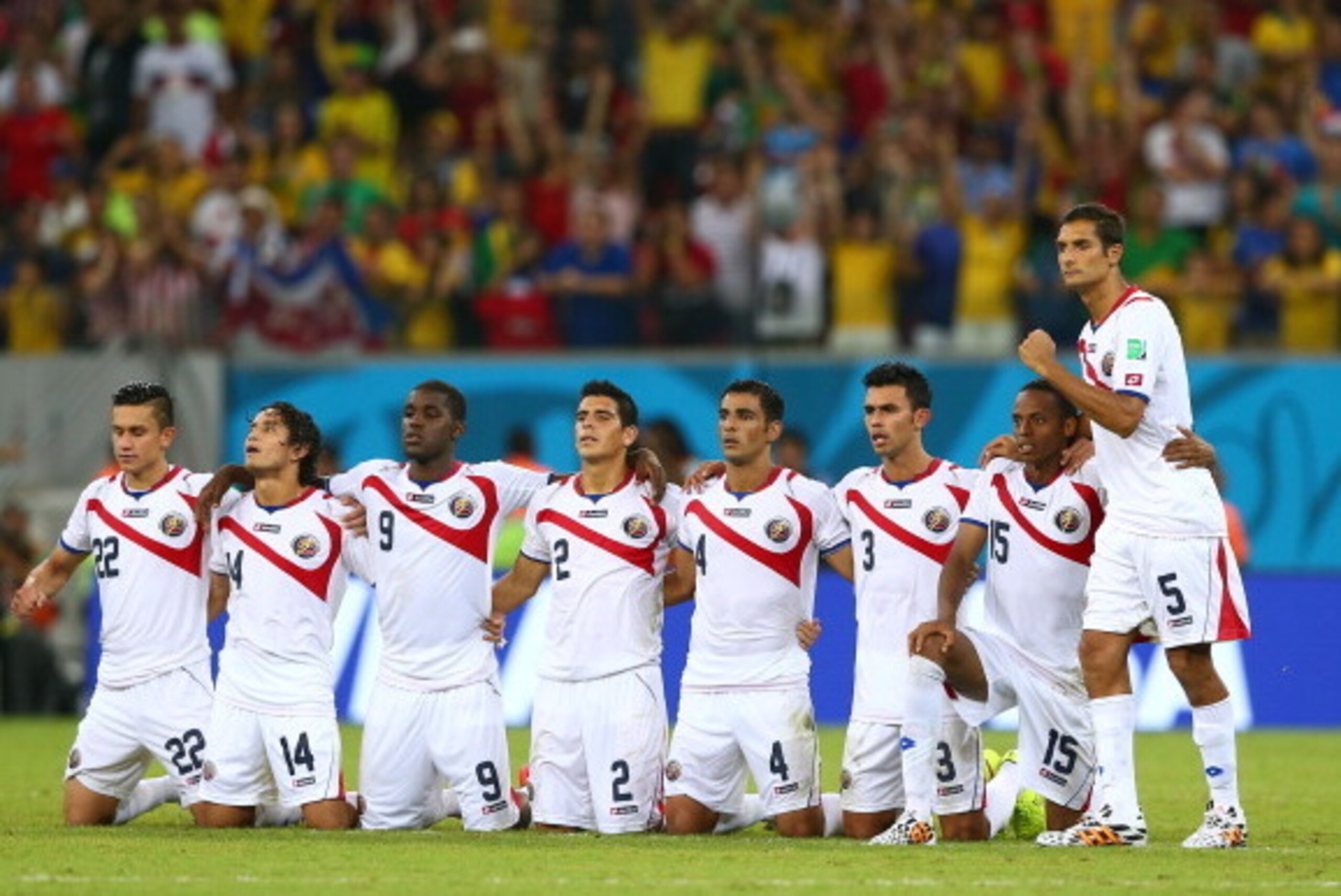 RECIFE, BRAZIL - JUNE 29:  Jose Miguel Cubero, Randall Brenes, Joel Campbell, Johnny Acosta, Michael Umana, Giancarlo Gonzalez,  Junior Diaz and Celso Borges  of Costa Rica look on during a penalty shootout during the 2014 FIFA World Cup Brazil Round of 1