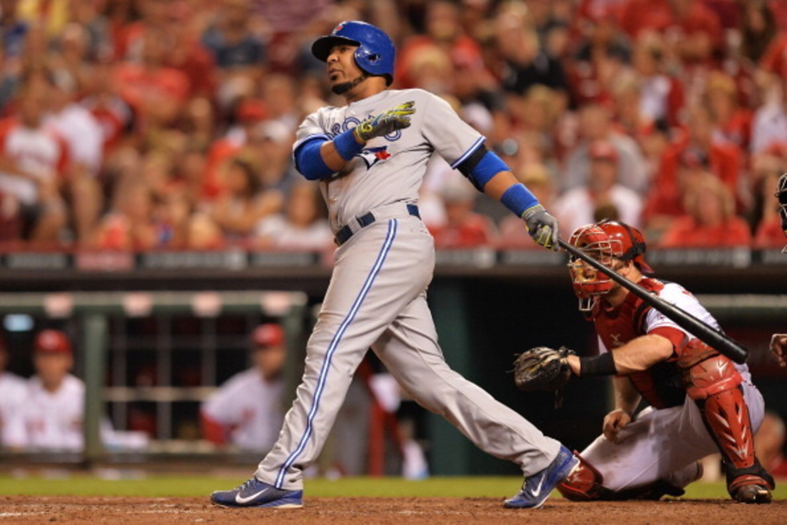 CINCINNATI, OH - JUNE 20:  Edwin Encarnacion #10 of the Toronto Blue Jays hits a three-run home run, his second of the night, in the ninth inning against the Cincinnati Reds at Great American Ball Park on June 20, 2014 in Cincinnati, Ohio. Toronto defeate
