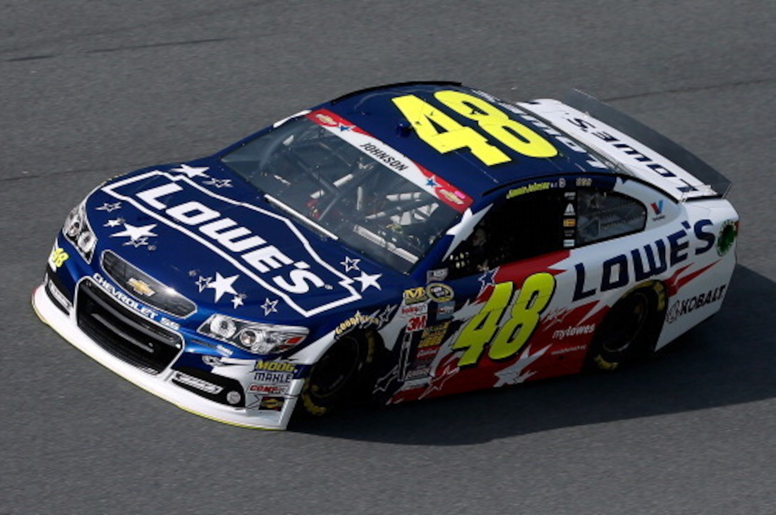 DAYTONA BEACH, FL - JULY 03: Jimmie Johnson, driver of the #48 Lowe's Patriotic Chevrolet, practices for the NASCAR Sprint Cup Series Coke Zero 400 at Daytona International Speedway on July 3, 2014 in Daytona Beach, Florida.  (Photo by Scott Halleran/Gett