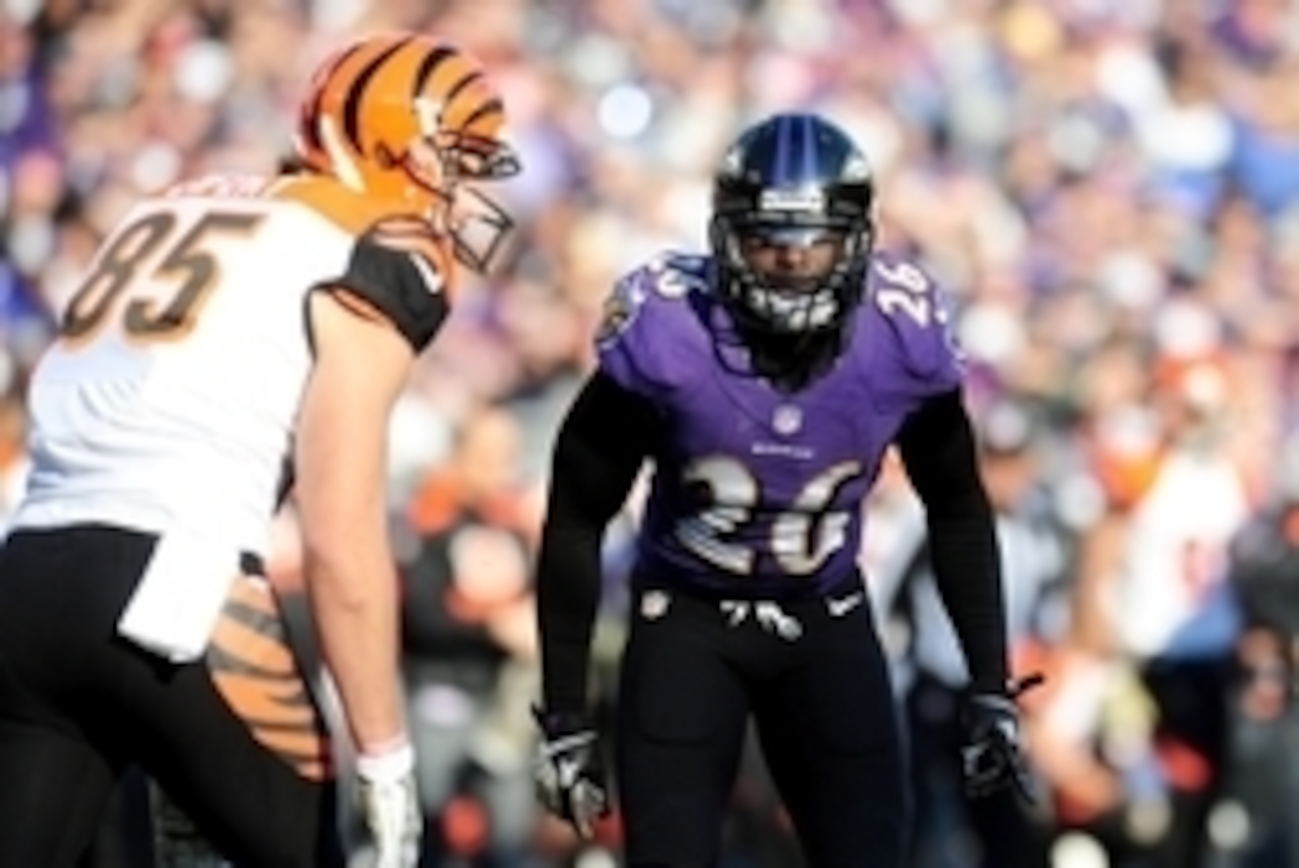 Nov 10, 2013; Baltimore, MD, USA; Baltimore Ravens safety Matt Elam (26) looks on during the game against the Cincinnati Bengals at M&T Bank Stadium. Mandatory Credit: Evan Habeeb-USA TODAY Sports