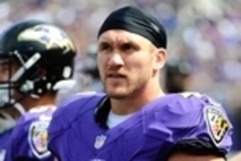 Sep 15, 2013; Baltimore, MD, USA; Baltimore Ravens fullback Kyle Juszczyk (40) on the sidelines against the Cleveland Browns during the first half at M&T Bank Stadium. Mandatory Credit: Brad Mills-USA TODAY Sports