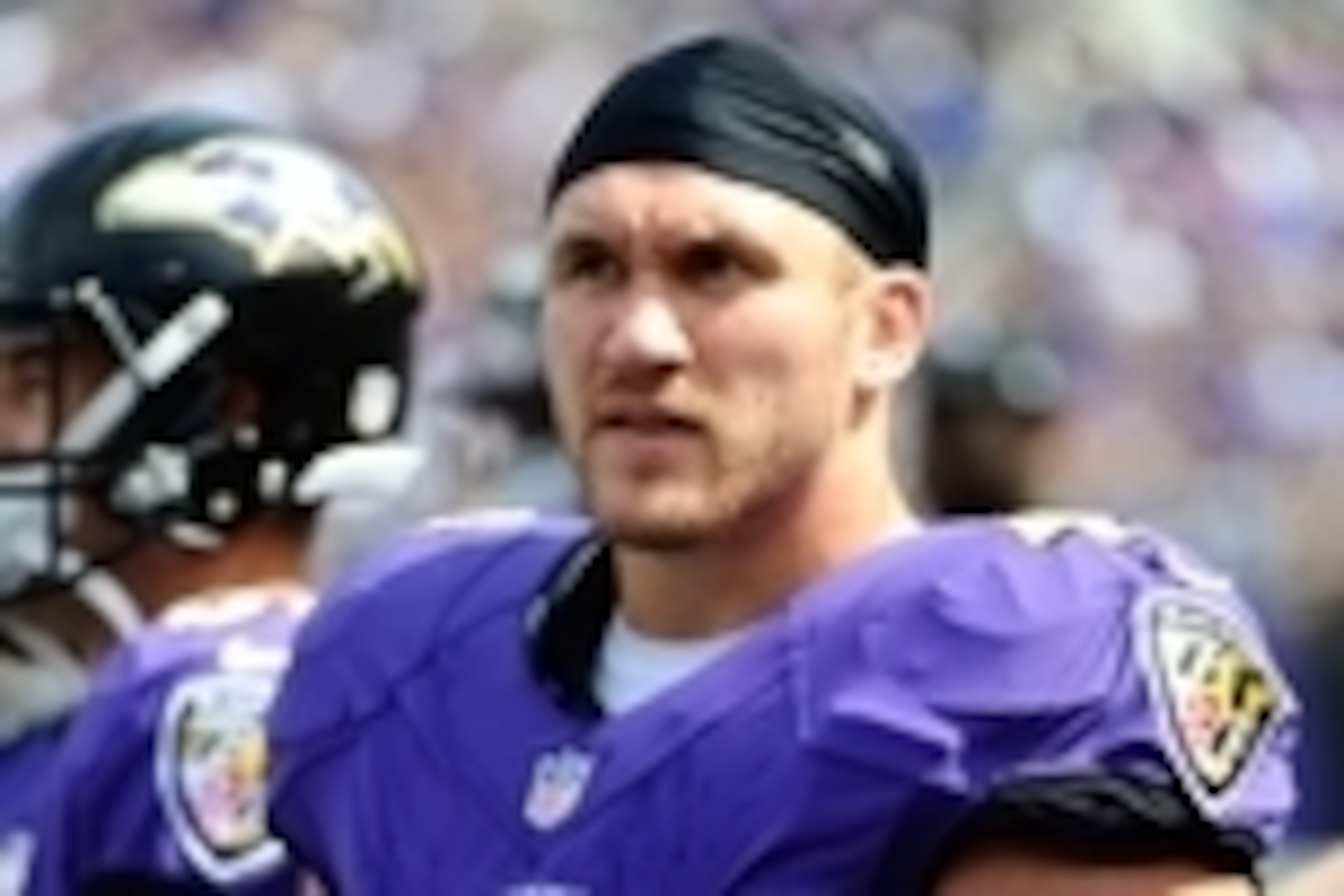 Sep 15, 2013; Baltimore, MD, USA; Baltimore Ravens fullback Kyle Juszczyk (40) on the sidelines against the Cleveland Browns during the first half at M&T Bank Stadium. Mandatory Credit: Brad Mills-USA TODAY Sports