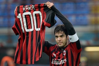 MILAN, ITALY - JANUARY 06:  Kaka of AC Milan celebrates scoring his 100th goal for the club during the Serie A match between AC Milan and Atalanta BC at San Siro Stadium on January 6, 2014 in Milan, Italy.  (Photo by Claudio Villa/Getty Images)