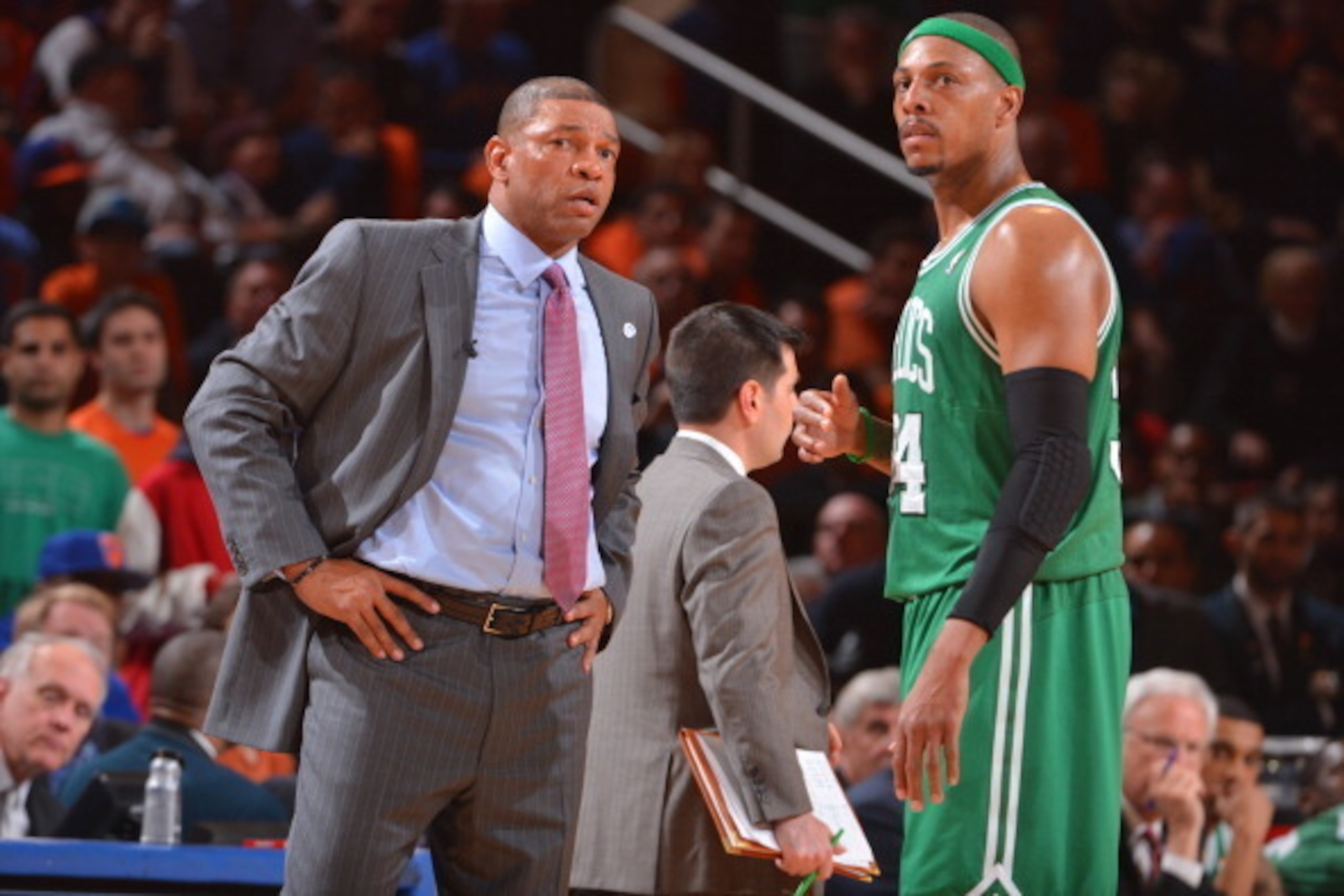 NEW YORK, NY - APRIL 20: Head Coach Doc Rivers of the Boston Celtics speaks with Paul Pierce #34 while playing against the New York Knicks in Game One of the Eastern Conference Quarterfinals during the 2013 NBA Playoffs on April 20, 2013 at Madison Square