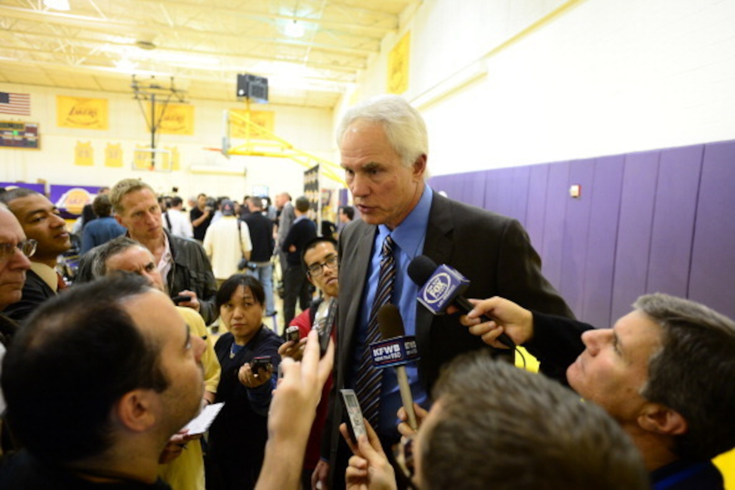 EL SEGUNDO, CA - NOVEMBER 15:  General Manager Mitch Kupchak of the Los Angeles Lakers speaks to the media during D'Antoni press conference at Toyota Sports Center on November 15, 2012 in El Segundo, California. NOTE TO USER: User expressly acknowledges a