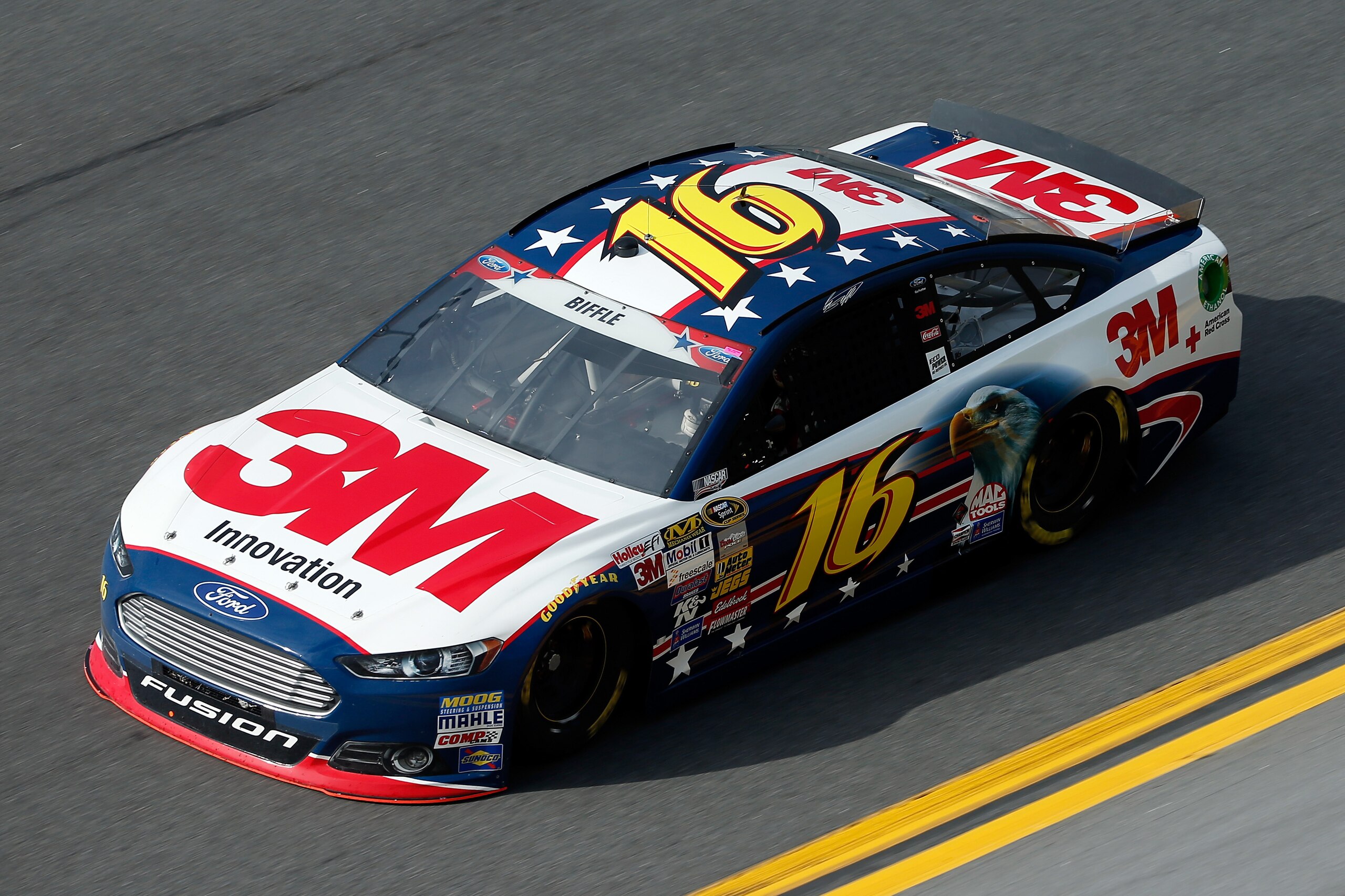 DAYTONA BEACH, FL - JULY 03: Greg Biffle, driver of the #16 3M Stars & Stripes Ford, practices for the NASCAR Sprint Cup Series Coke Zero 400 at Daytona International Speedway on July 3, 2014 in Daytona Beach, Florida. (Photo by Scott Halleran/Getty Imag DAYTONA BEACH, FL - JULY 03: Greg Biffle, driver of the #16 3M Stars & Stripes Ford, practices for the NASCAR Sprint Cup Series Coke Zero 400 at Daytona International Speedway on July 3, 2014 in Daytona Beach, Florida. (Photo by Scott Halleran/Getty Imag