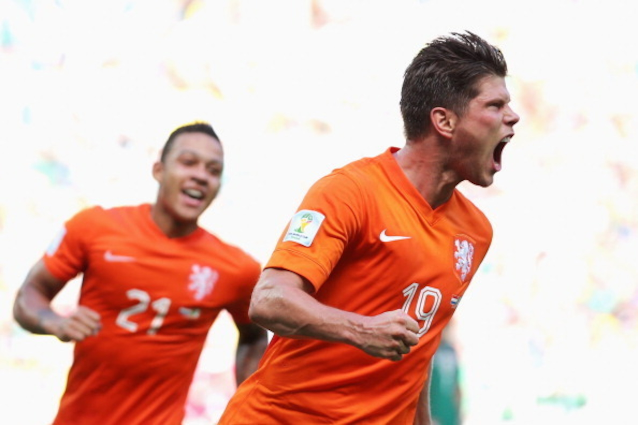 FORTALEZA, BRAZIL - JUNE 29:  Klaas-Jan Huntelaar of the Netherlands celebrates scoring his team's second goal with a penalty kick in stoppage time during the 2014 FIFA World Cup Brazil Round of 16 match between Netherlands and Mexico at Castelao on June 