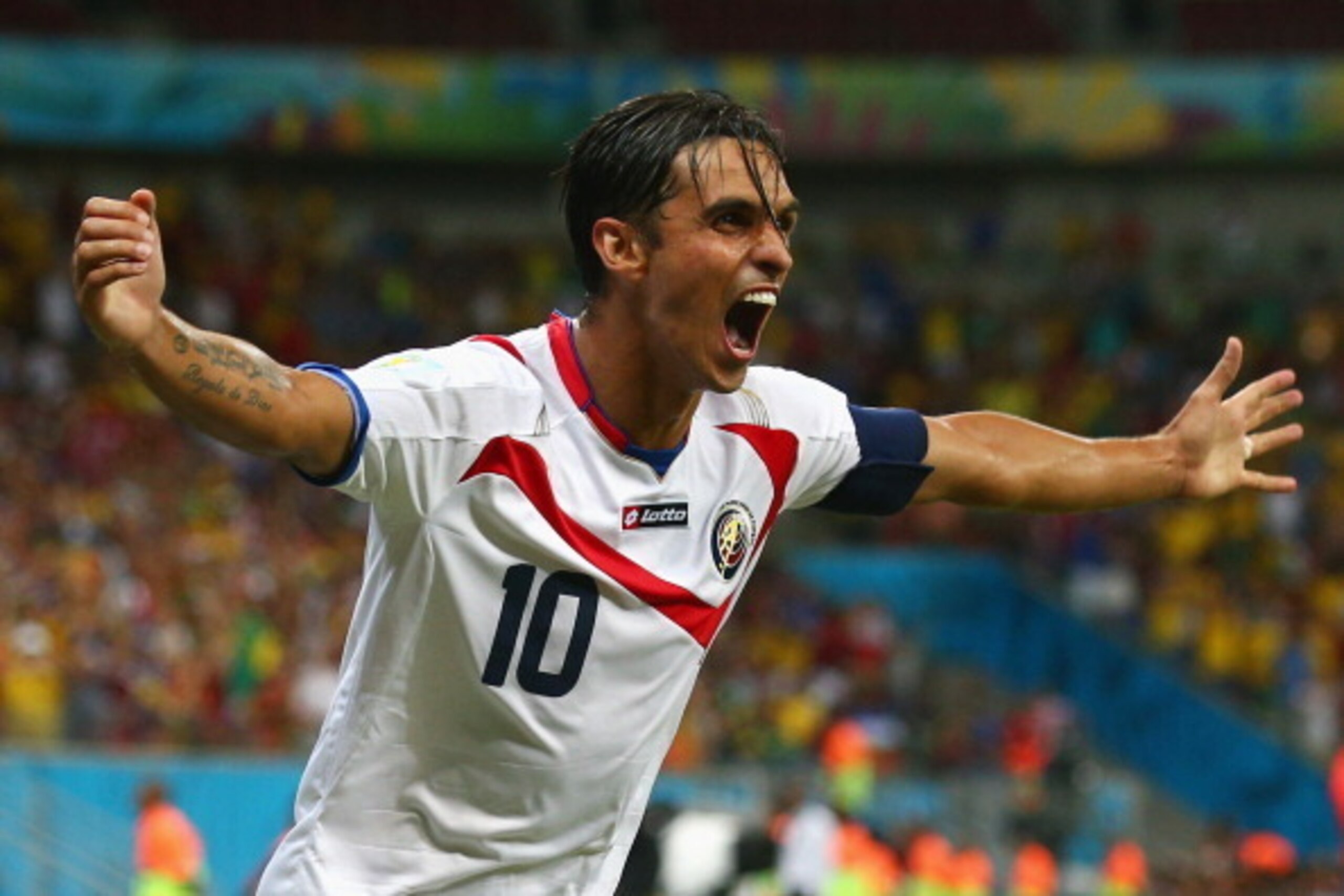 RECIFE, BRAZIL - JUNE 29:  Bryan Ruiz of Costa Rica celebrates scoring his team's first goal during the 2014 FIFA World Cup Brazil Round of 16 match between Costa Rica and Greece at Arena Pernambuco on June 29, 2014 in Recife, Brazil.  (Photo by Ian Walto