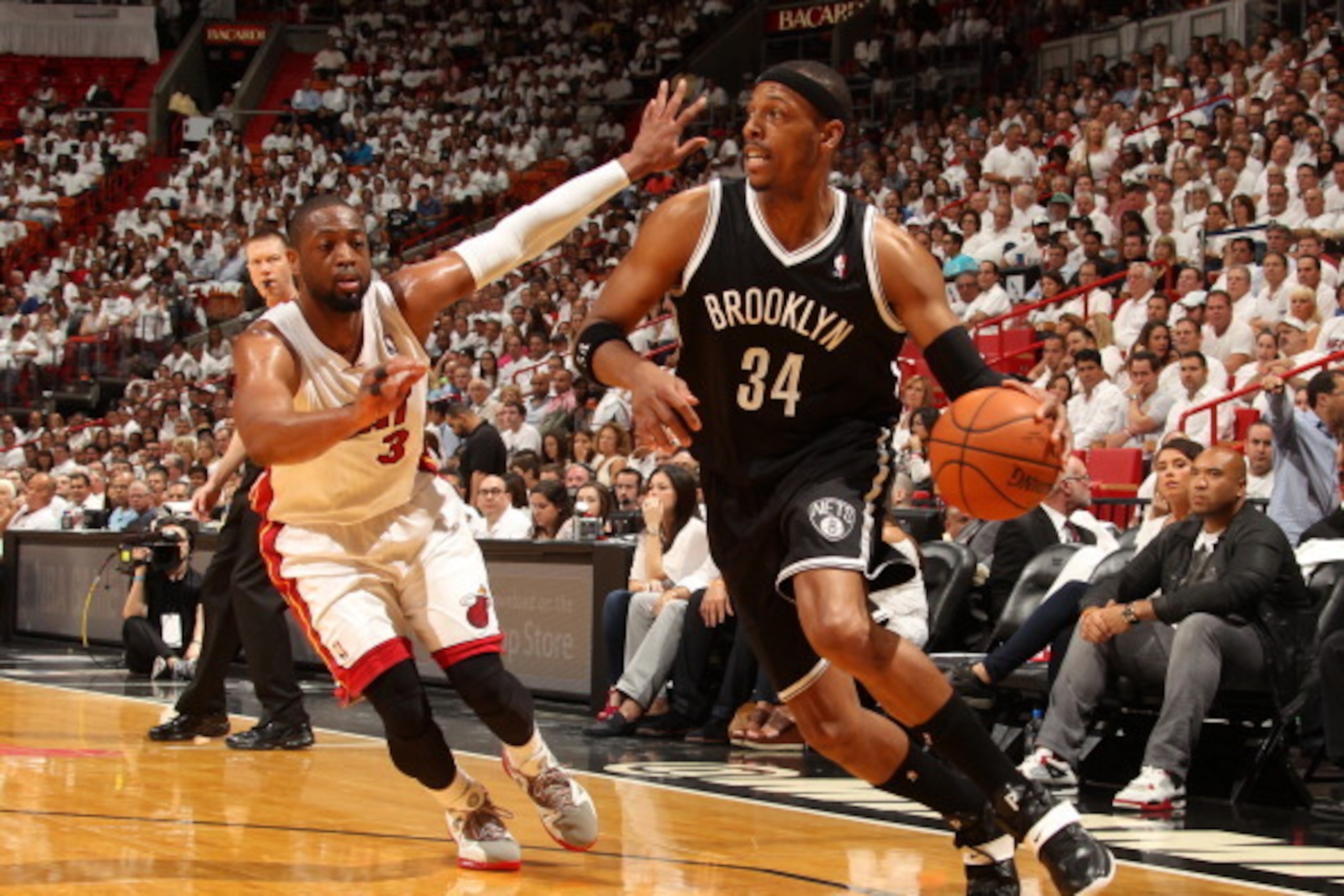 MIAMI, FL - May 8: Paul Pierce #34 of the Brooklyn Nets handles the ball against the Miami Heat in Game Two of the Eastern Conference Semifinals of the 2014 NBA playoffs at the American Airlines Arena in Miami, Florida on May 8, 2014. NOTE TO USER: User e