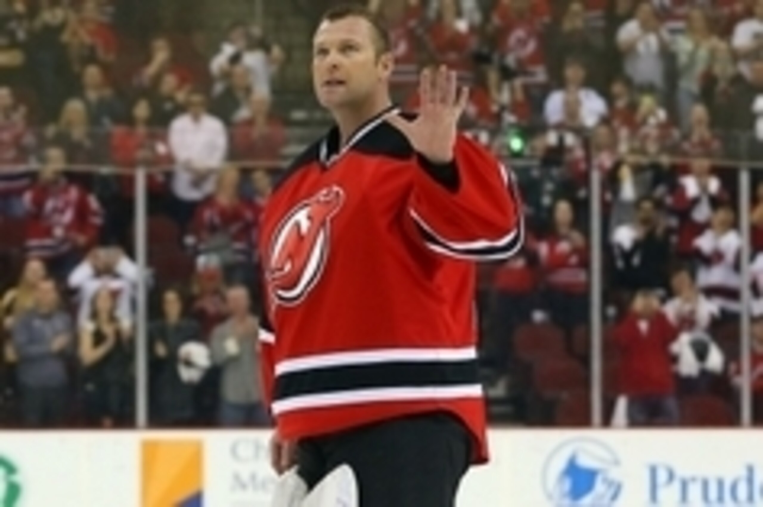 Apr 13, 2014; Newark, NJ, USA; New Jersey Devils goalie Martin Brodeur (30) is honored by fans after his 3-2 win over the Boston Bruins at Prudential Center.  Mandatory Credit: Ed Mulholland-USA TODAY Sports