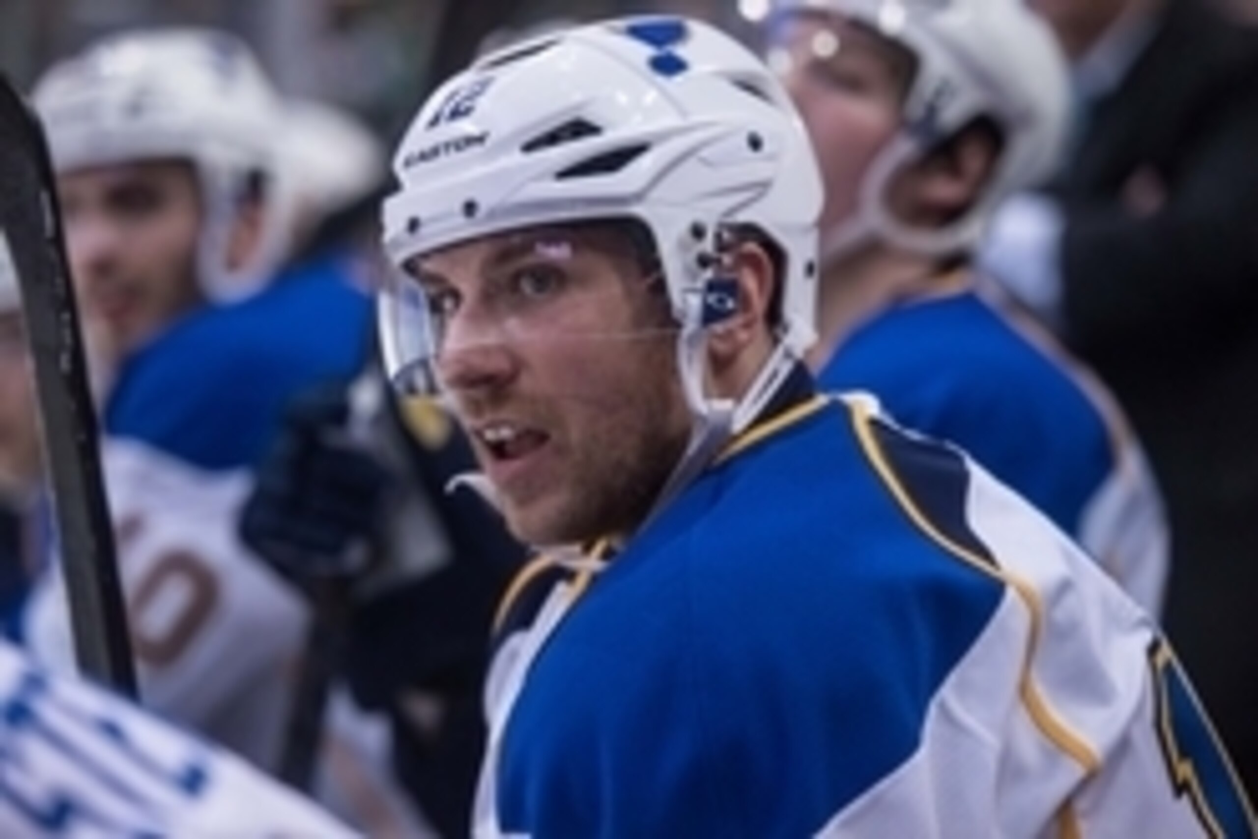 Dec 29, 2013; Dallas, TX, USA; St. Louis Blues center Derek Roy (12) watches from the bench during the game against the Dallas Stars at the American Airlines Center. The Blues defeated the Stars 3-2 in overtime. Mandatory Credit: Jerome Miron-USA TODAY Sp