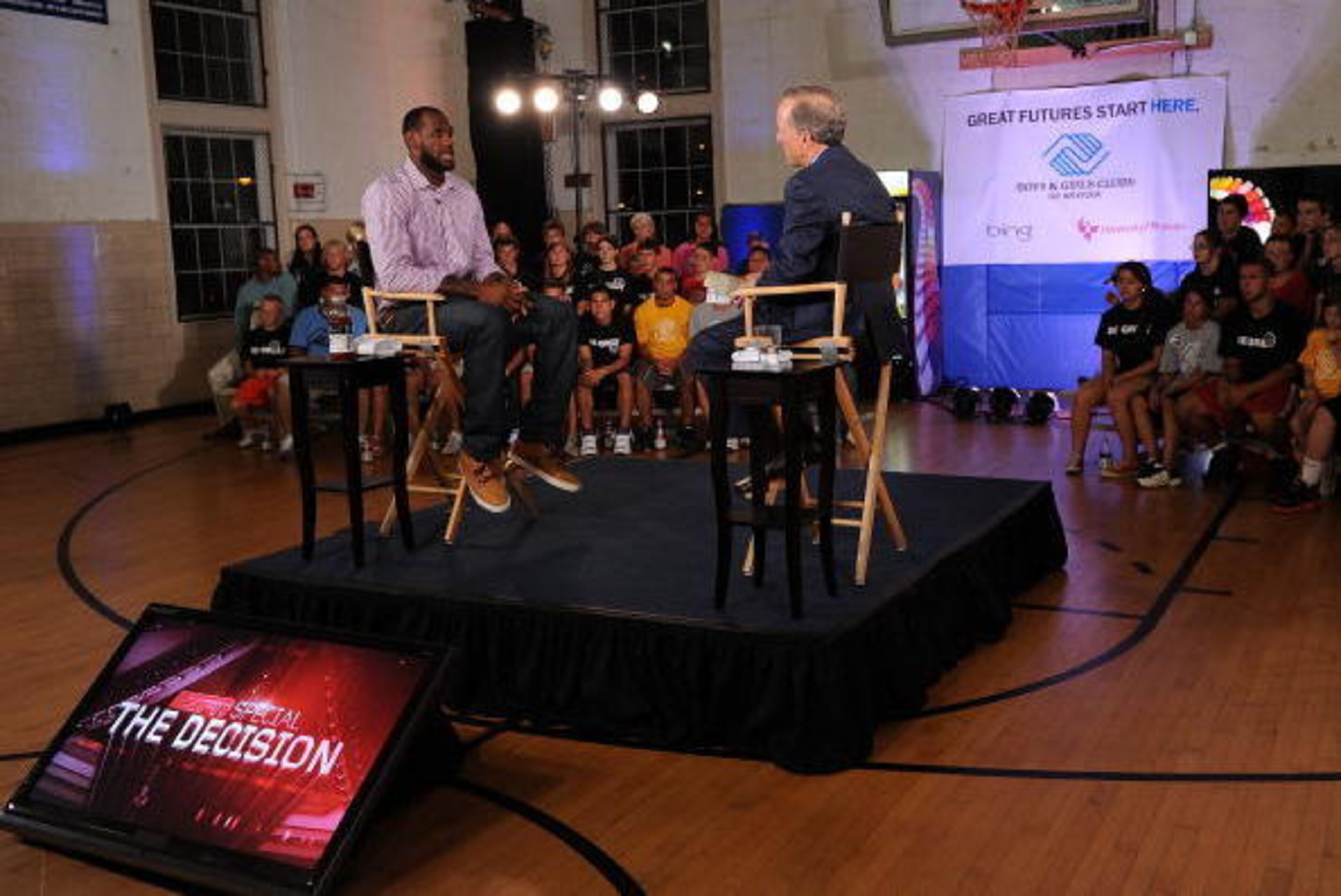 GREENWICH, CT - JULY 08:  LeBron James and ESPN's Jim Gray speak at the LeBron James announcement of his future NBA plans at the  Boys & Girls Club of America on July 8, 2010 in Greenwich, Connecticut. James announced during a live broadcast on ESPN that 