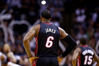 SAN ANTONIO, TX - JUNE 15: LeBron James #6 of the Miami Heat looks on against the San Antonio Spurs during Game Five of the 2014 NBA Finals at the AT&T Center on June 15, 2014 in San Antonio, Texas. NOTE TO USER: User expressly acknowledges and agrees tha