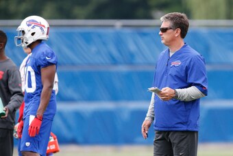 Jun 18, 2014; Buffalo, NY, USA; Buffalo Bills defensive coordinator Jim Schwartz watches play during the Bills Minicamp at Ralph Wilson Stadium. Mandatory Credit: Kevin Hoffman-USA TODAY Sports