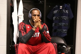 SAN ANTONIO, TX - JUNE 15: LeBron James #6 of the Miami Heat in the locker room before Game Five of the 2014 NBA Finals against the San Antonio Spurs at AT&T Center on June 15, 2014 in San Antonio, Texas. NOTE TO USER: User expressly acknowledges and agre