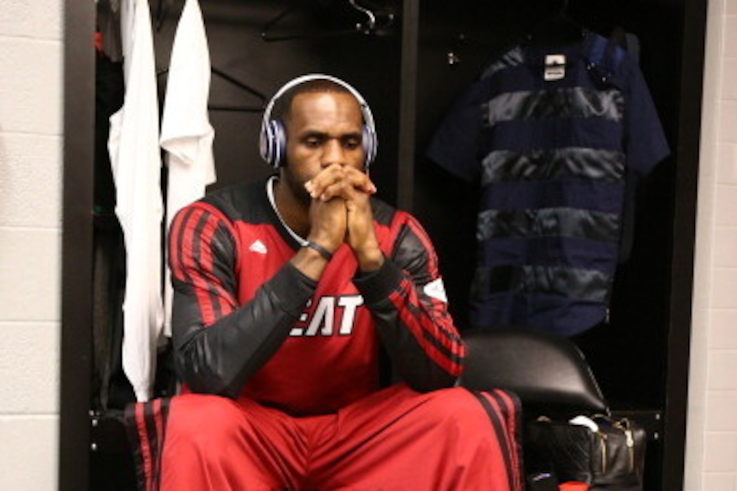 SAN ANTONIO, TX - JUNE 15: LeBron James #6 of the Miami Heat in the locker room before Game Five of the 2014 NBA Finals against the San Antonio Spurs at AT&T Center on June 15, 2014 in San Antonio, Texas. NOTE TO USER: User expressly acknowledges and agre