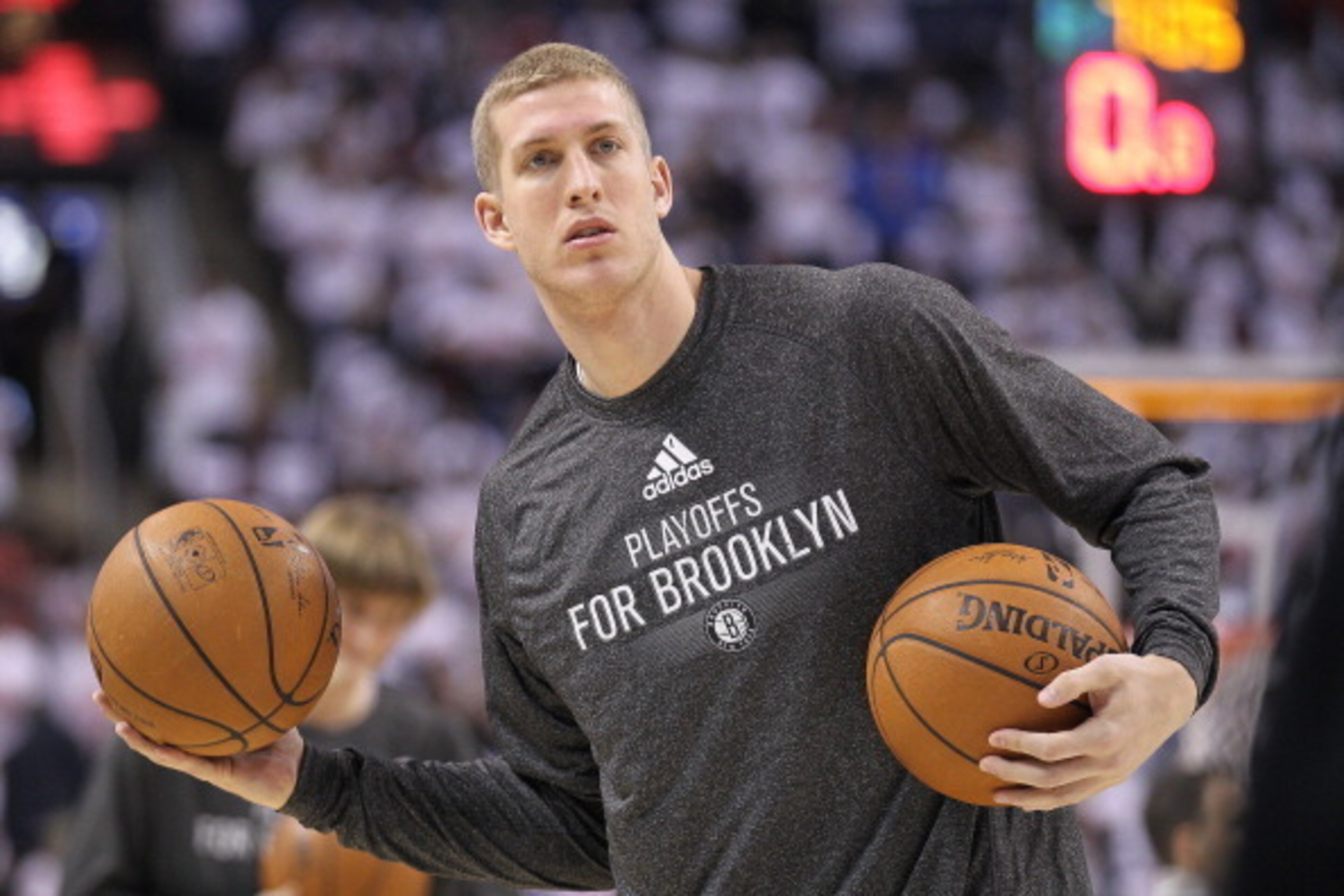 TORONTO, ON - APRIL 19:  Mason Plumlee #1 of the Brooklyn Nets warms up prior to play against the Toronto Raptors in Game One of the NBA Eastern Conference play-off at the Air Canada Centre on April 19, 2014 in Toronto, Ontario, Canada. The Nets defeated 
