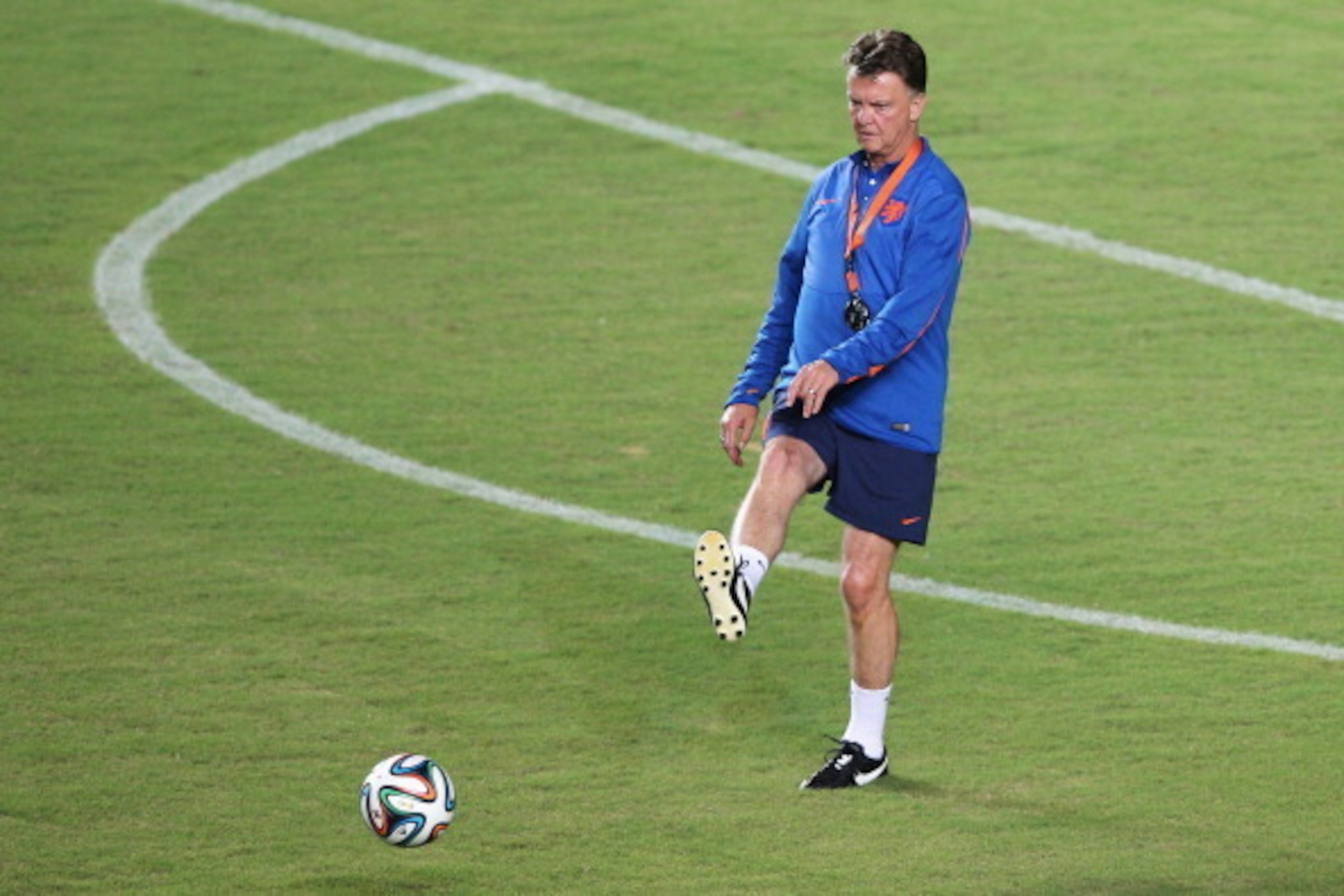 SALVADOR, BRAZIL - JULY 04:  Head coach Louis van Gaal looks on during the Netherlands training session ahead of the 2014 FIFA World Cup quarter final match between the Netherlands and Costa Rica held at the Estadio Roberto Santos on July 4, 2014 in Salva