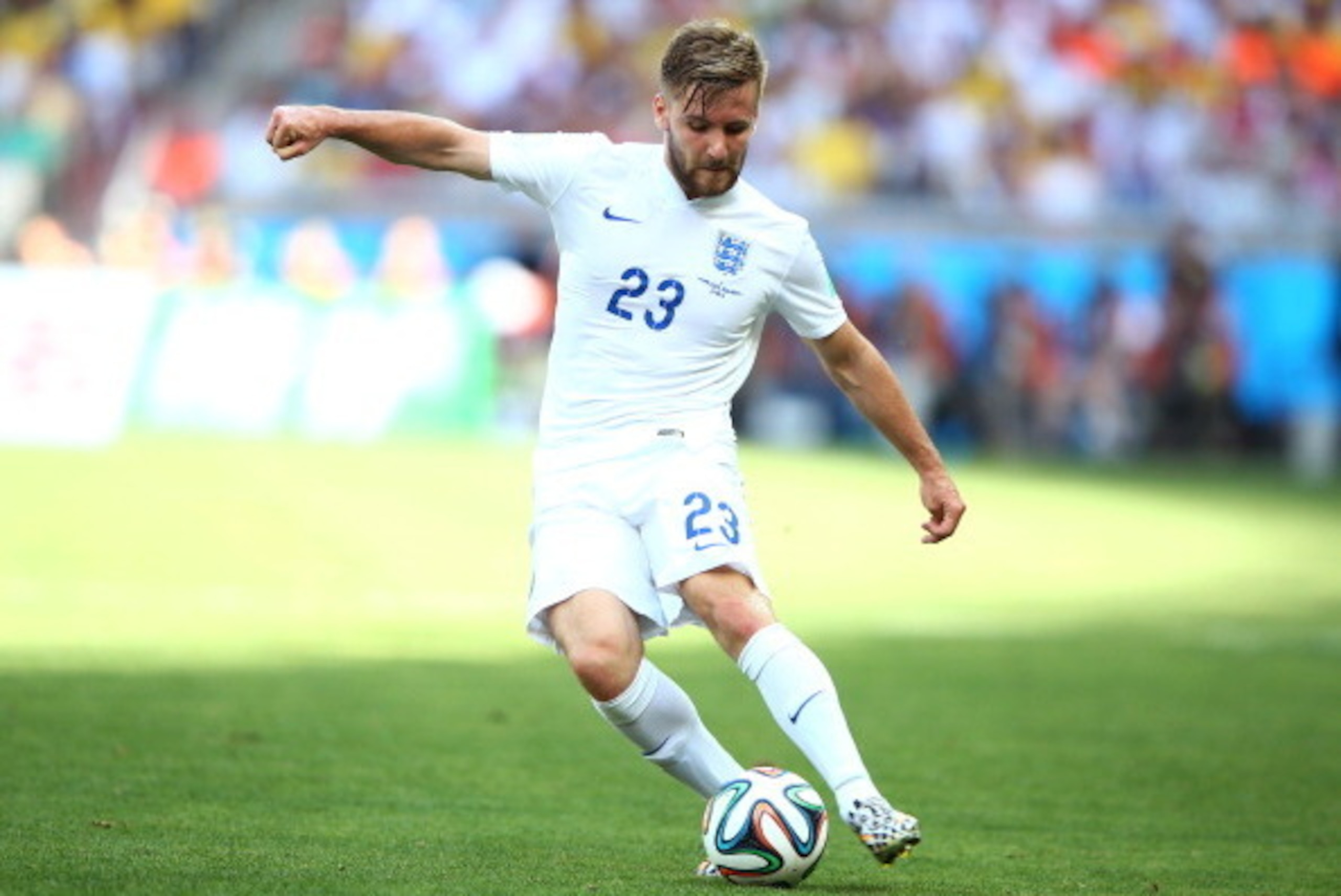 BELO HORIZONTE, BRAZIL - JUNE 24:  Luke Shaw of England controls the ball during the 2014 FIFA World Cup Brazil Group D match between Costa Rica and England at Estadio Mineirao on June 24, 2014 in Belo Horizonte, Brazil.  (Photo by Ian Walton/Getty Images