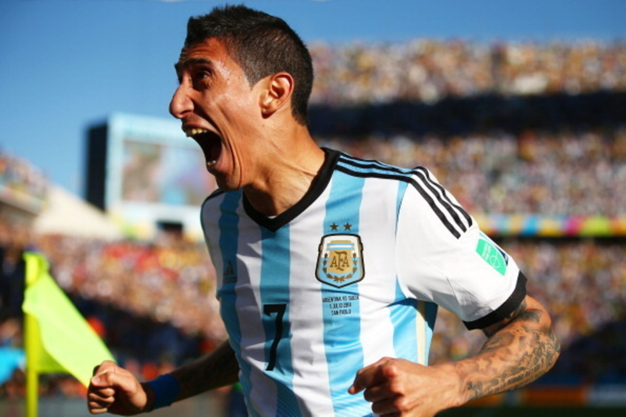 SAO PAULO, BRAZIL - JULY 01:  Angel di Maria of Argentina celebrates scoring his team's first goal in extra time during the 2014 FIFA World Cup Brazil Round of 16 match between Argentina and Switzerland at Arena de Sao Paulo on July 1, 2014 in Sao Paulo, 