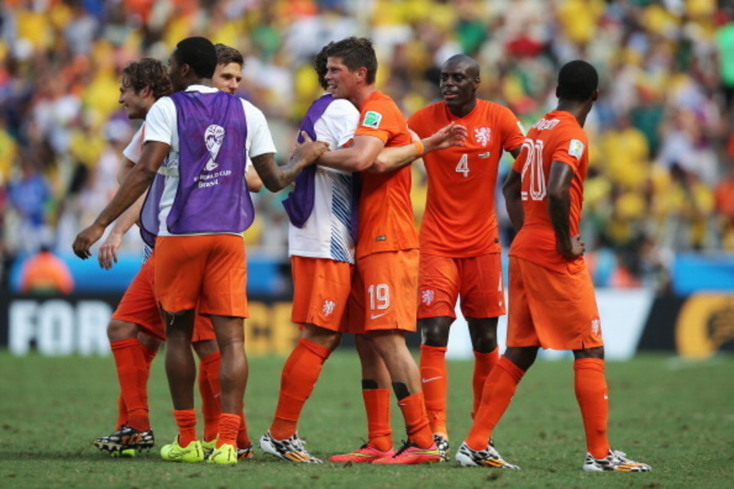 FORTALEZA, BRAZIL - JUNE 29:  Klaas-Jan Huntelaar #19 of the Netherlands celebrates with team mates after defeating Mexico 2-1 during the 2014 FIFA World Cup Brazil Round of 16 match between Netherlands and Mexico at Castelao on June 29, 2014 in Fortaleza